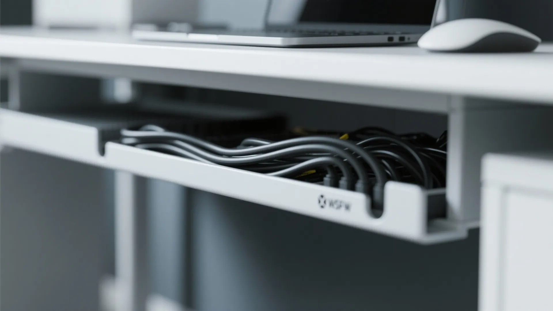 White desk with black power cables neatly organized in a tray underneath near a laptop mouse