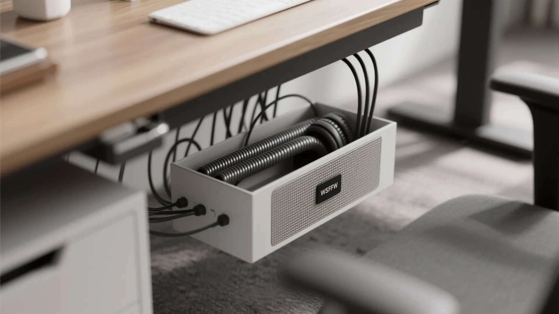White wire management box hidden under a wooden desk to organize messy electronic power cables