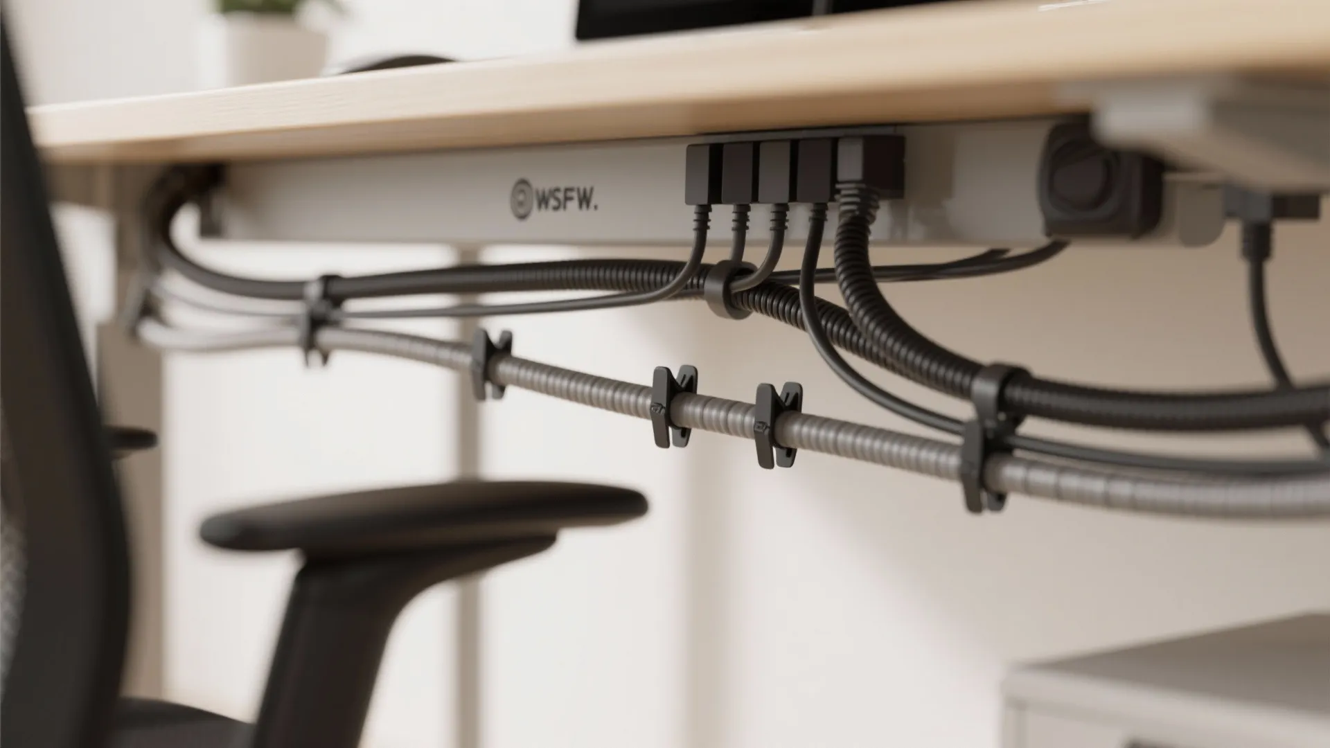 Organized desk cables under wooden table using black plastic clips and tubes for neat office storage