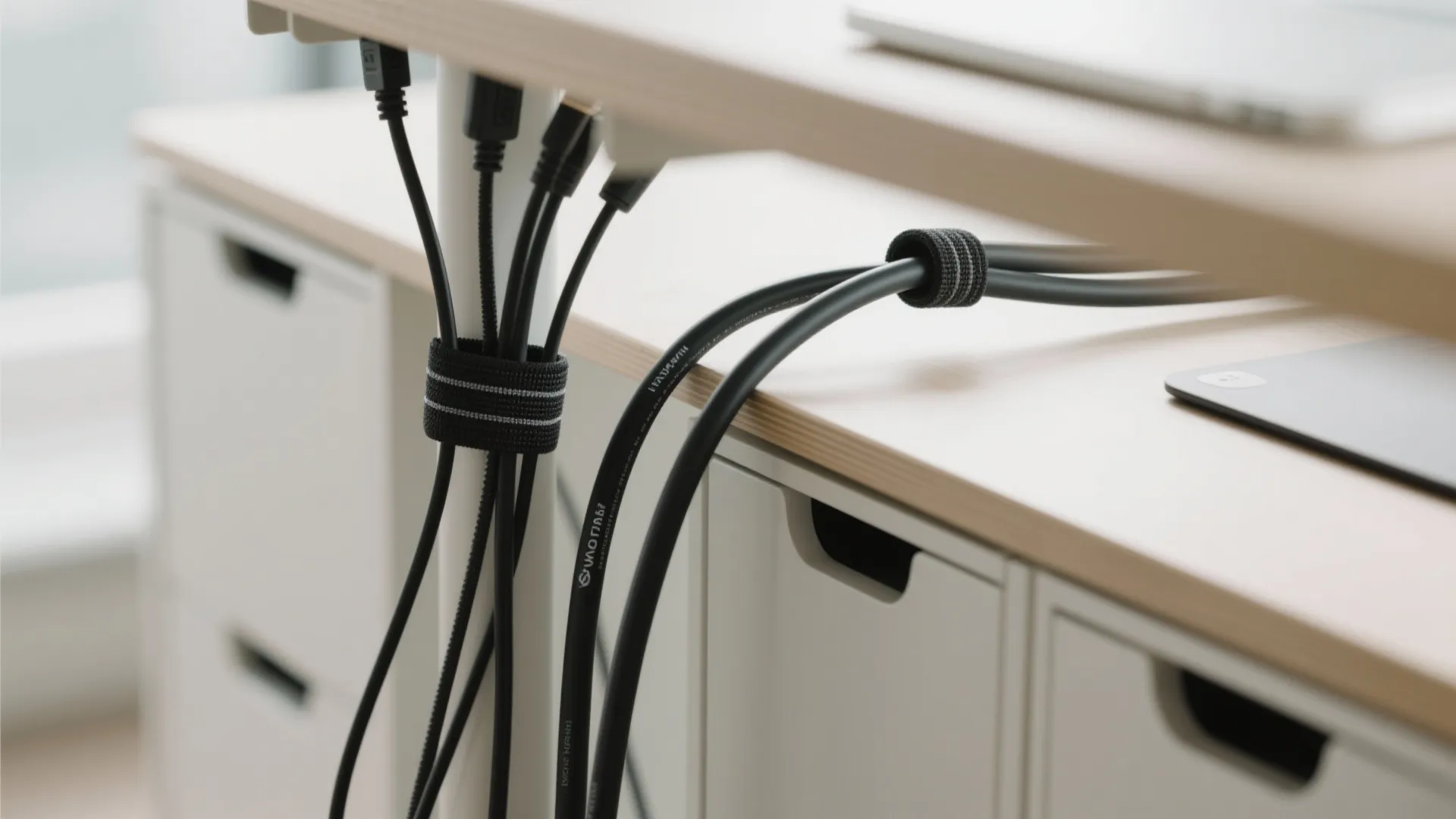 Black power cables organized with fabric straps under a wooden desk with white storage cabinet