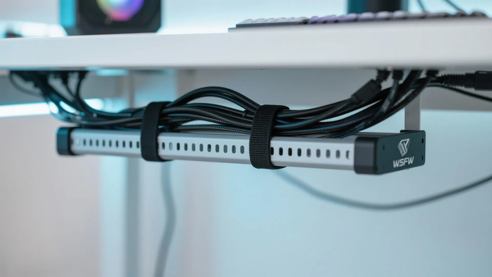 Black cables bundled with straps under a white desk using a metal cable management tray