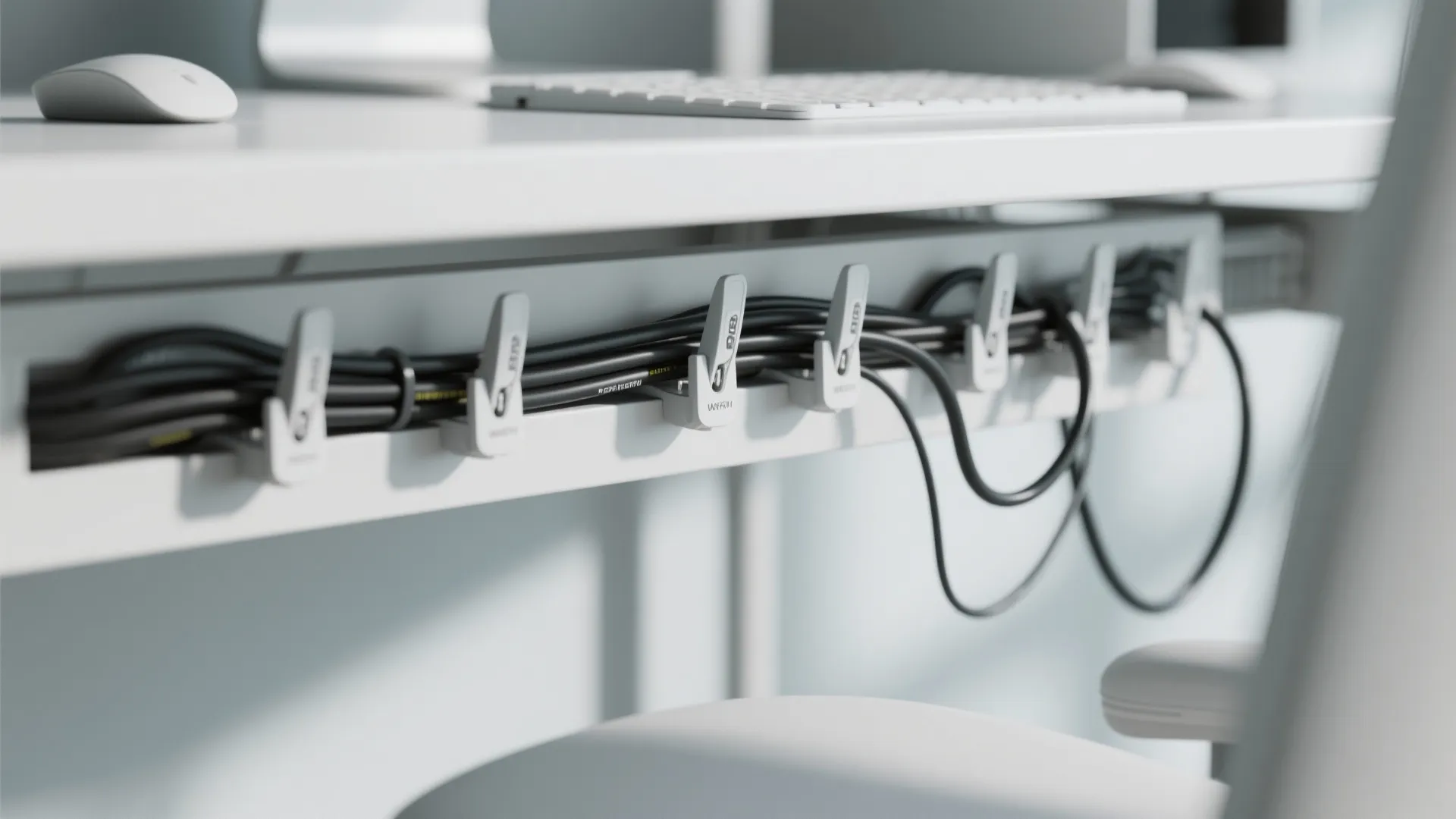 Under-desk cable management system keeping wires neat