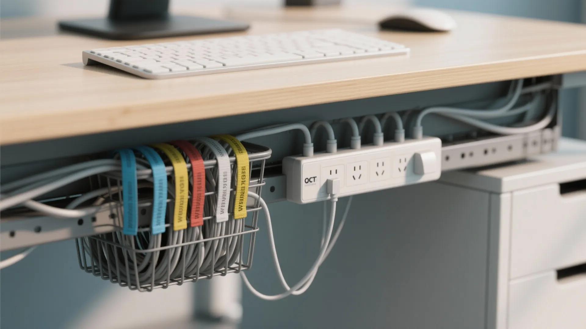 Desk with cable management basket holding wires with colorful labels next to a white power strip