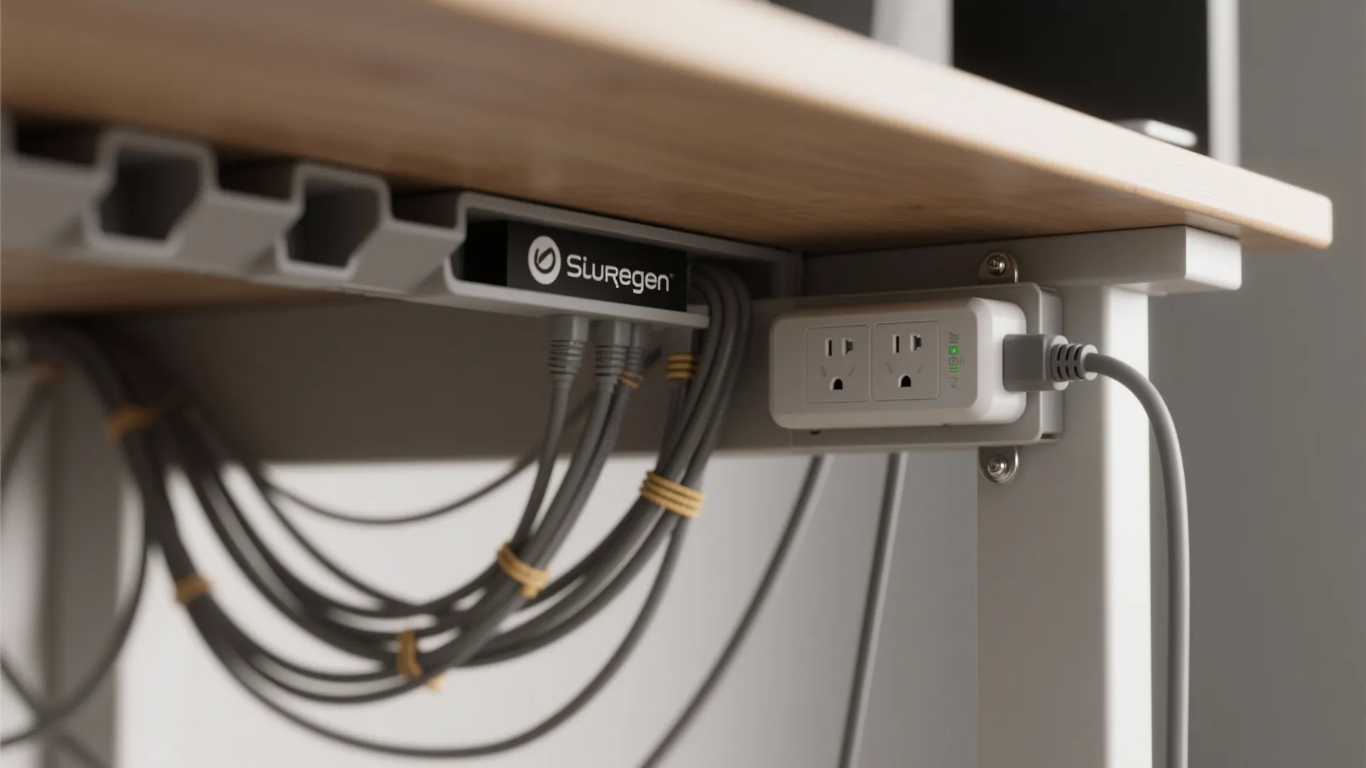 Close-up of under-desk cable channel, mounted surge protector and tidy power hub.