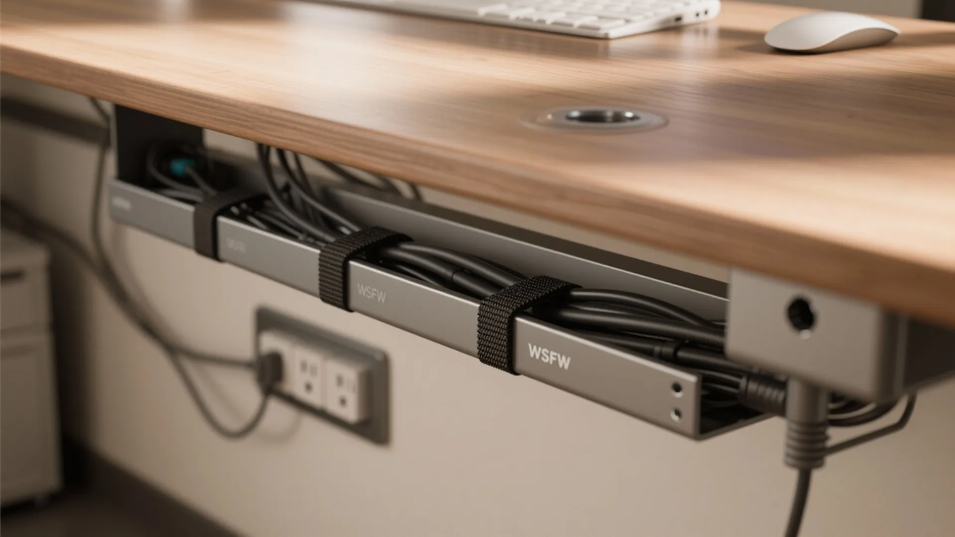 Under desk cable management tray holding black power cords neatly organized with black velcro strap ties