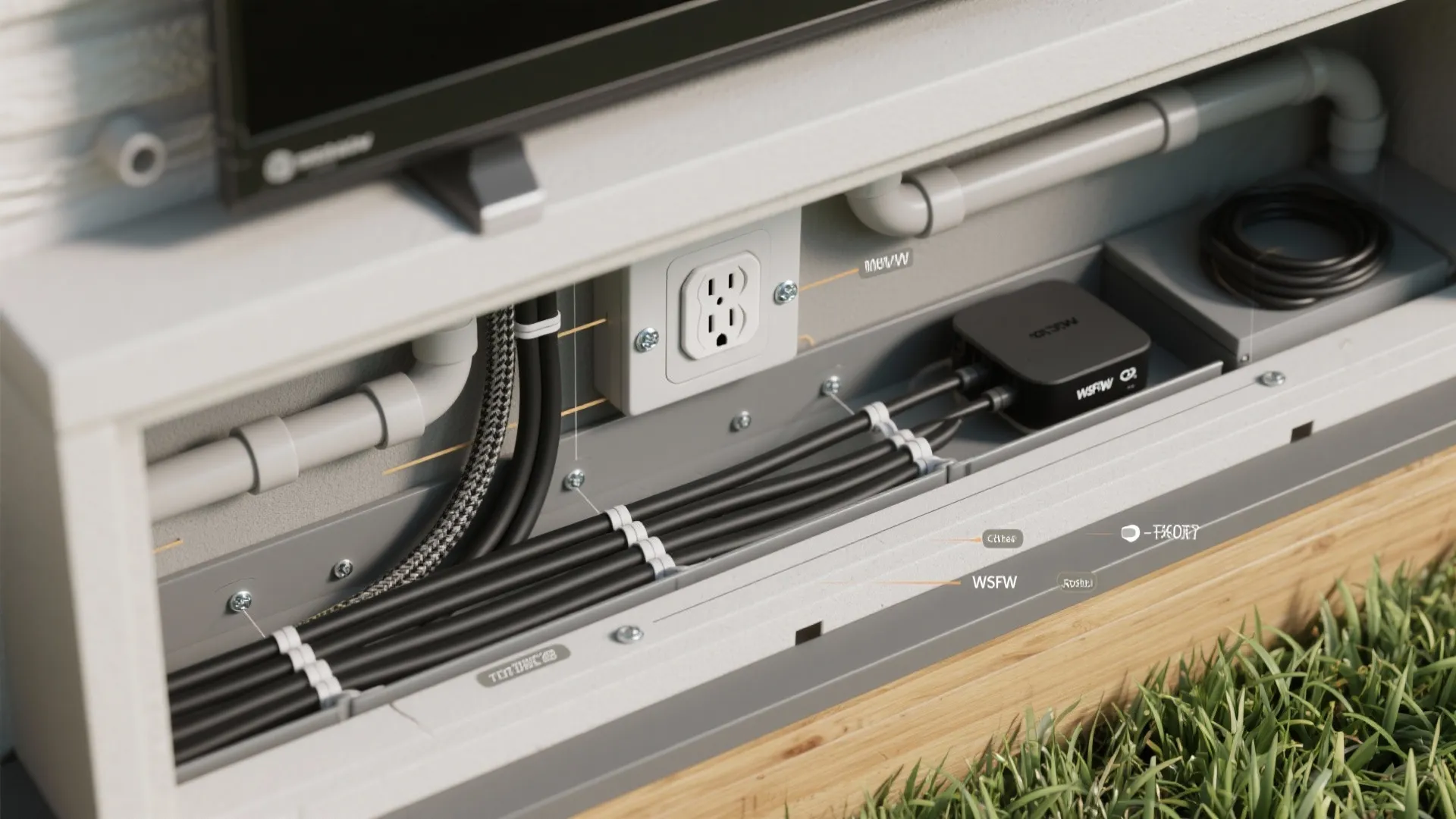 Close up view of organized black power cables and wall socket inside a white cabinet