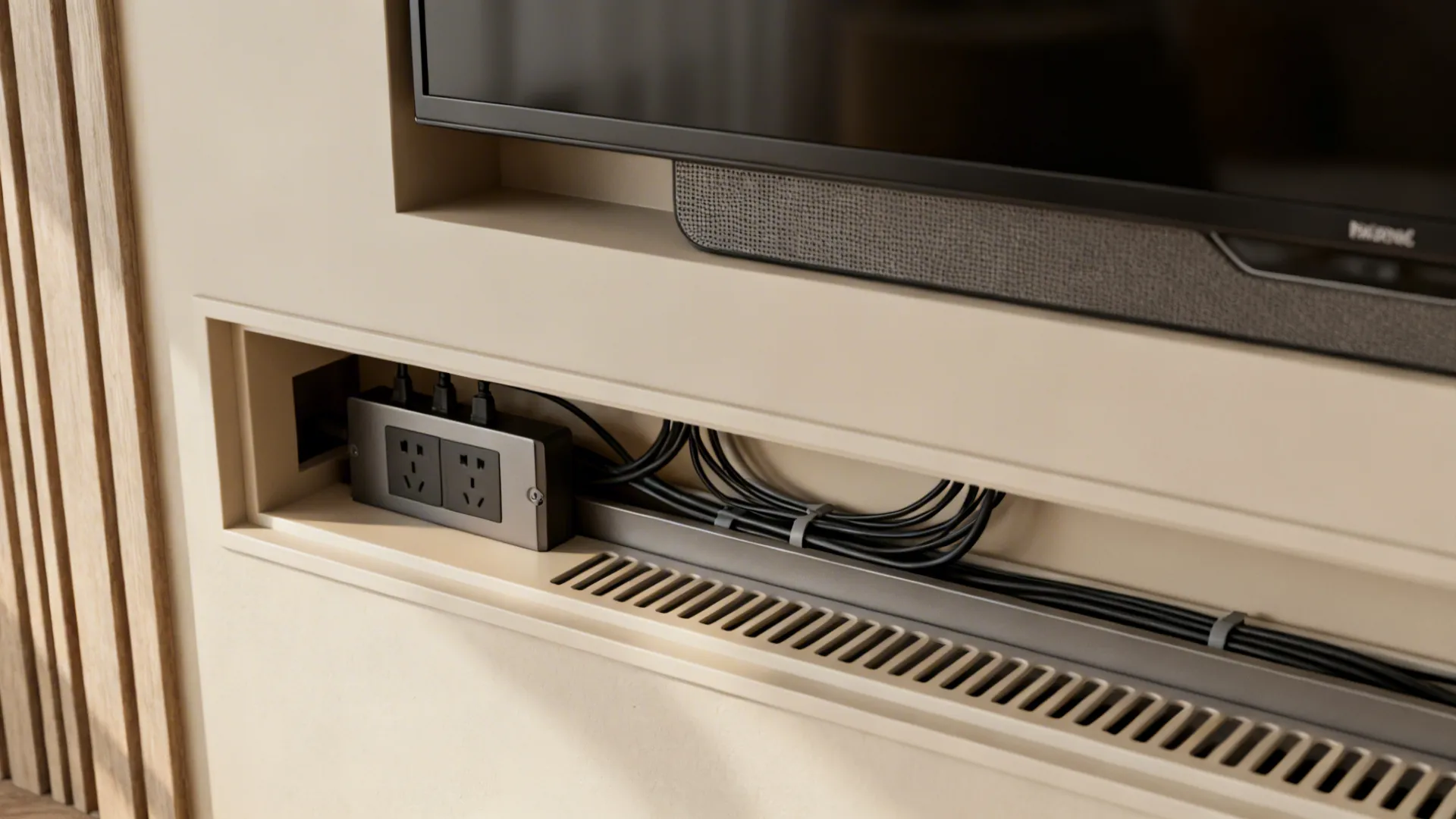 Close-up of recessed power kit and in-wall cable channel behind a wall-mounted TV for clean management.