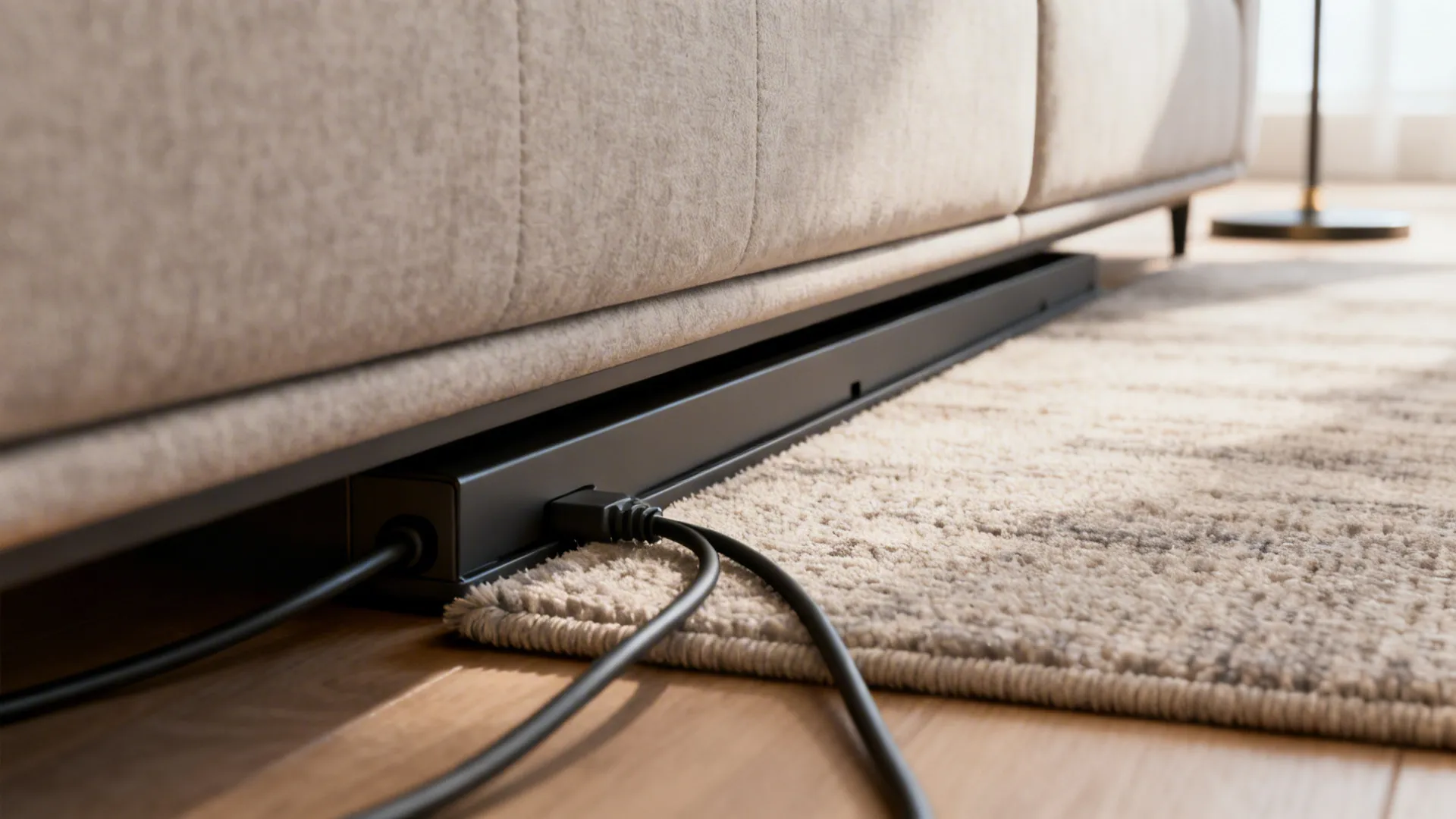 Close-up of cord channel under rug edge for hiding cables with modular sectionals.