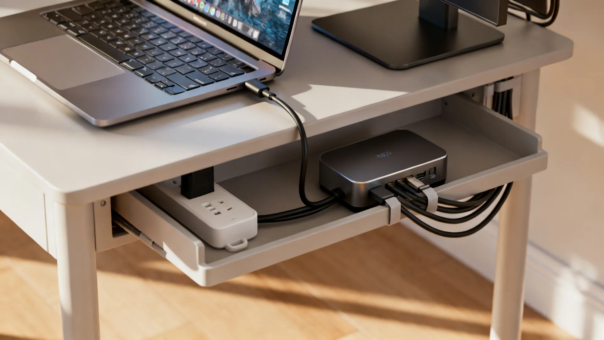 Neat cable routing under a desk with a docking station and hidden power strip.