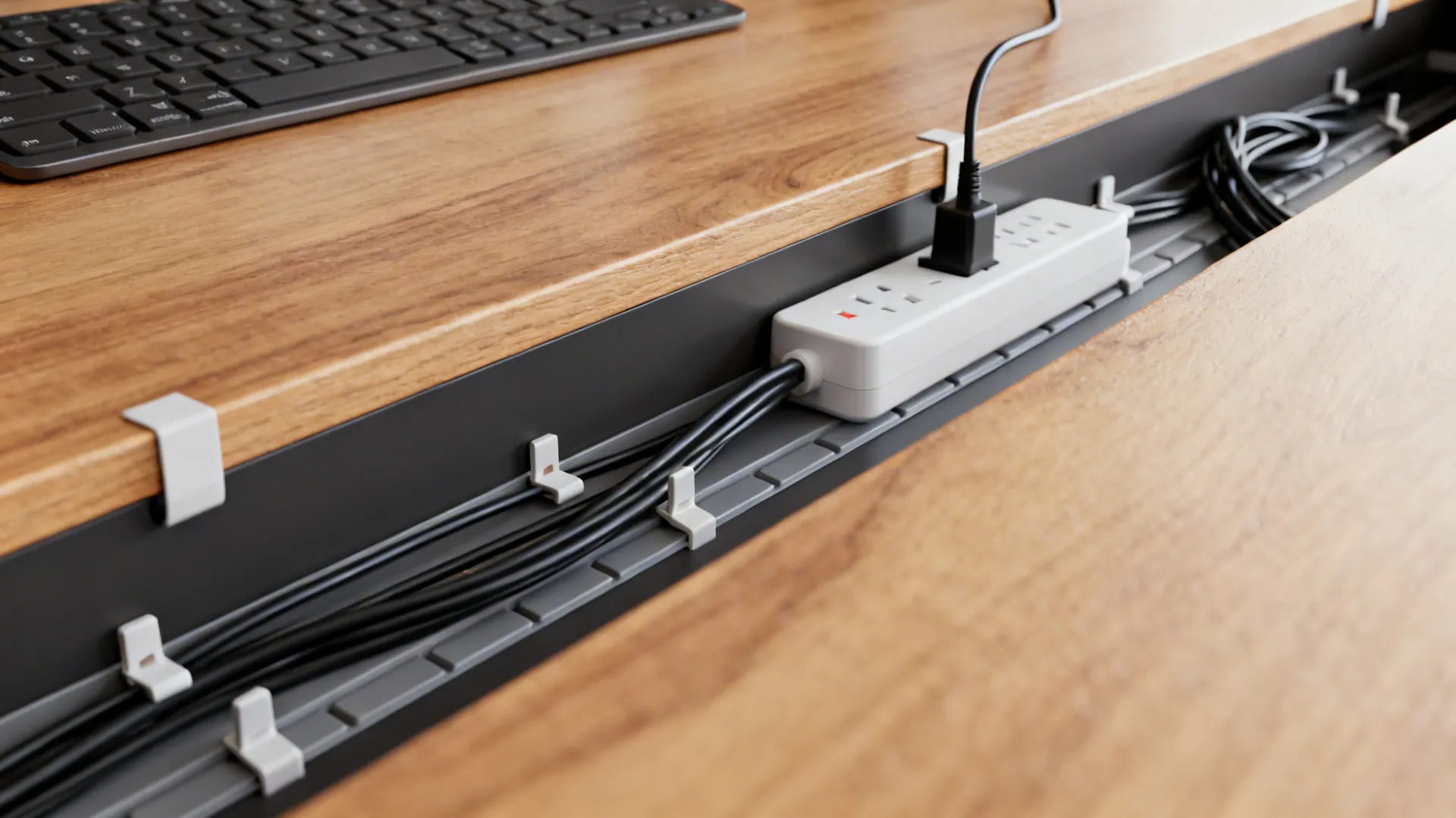 Close-up of tidy cable management under a narrow desk with adhesive channels and clips
