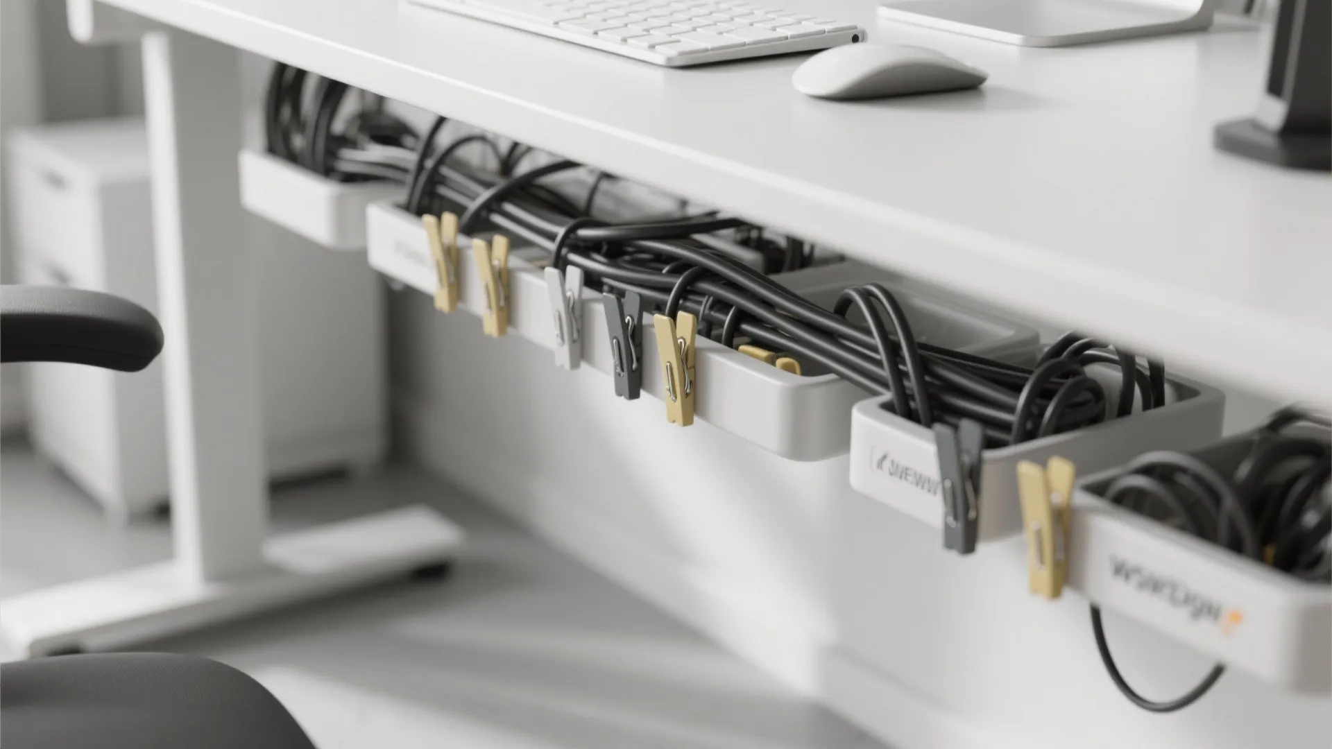 Under desk cable management system with white trays holding black power cords and colored clips