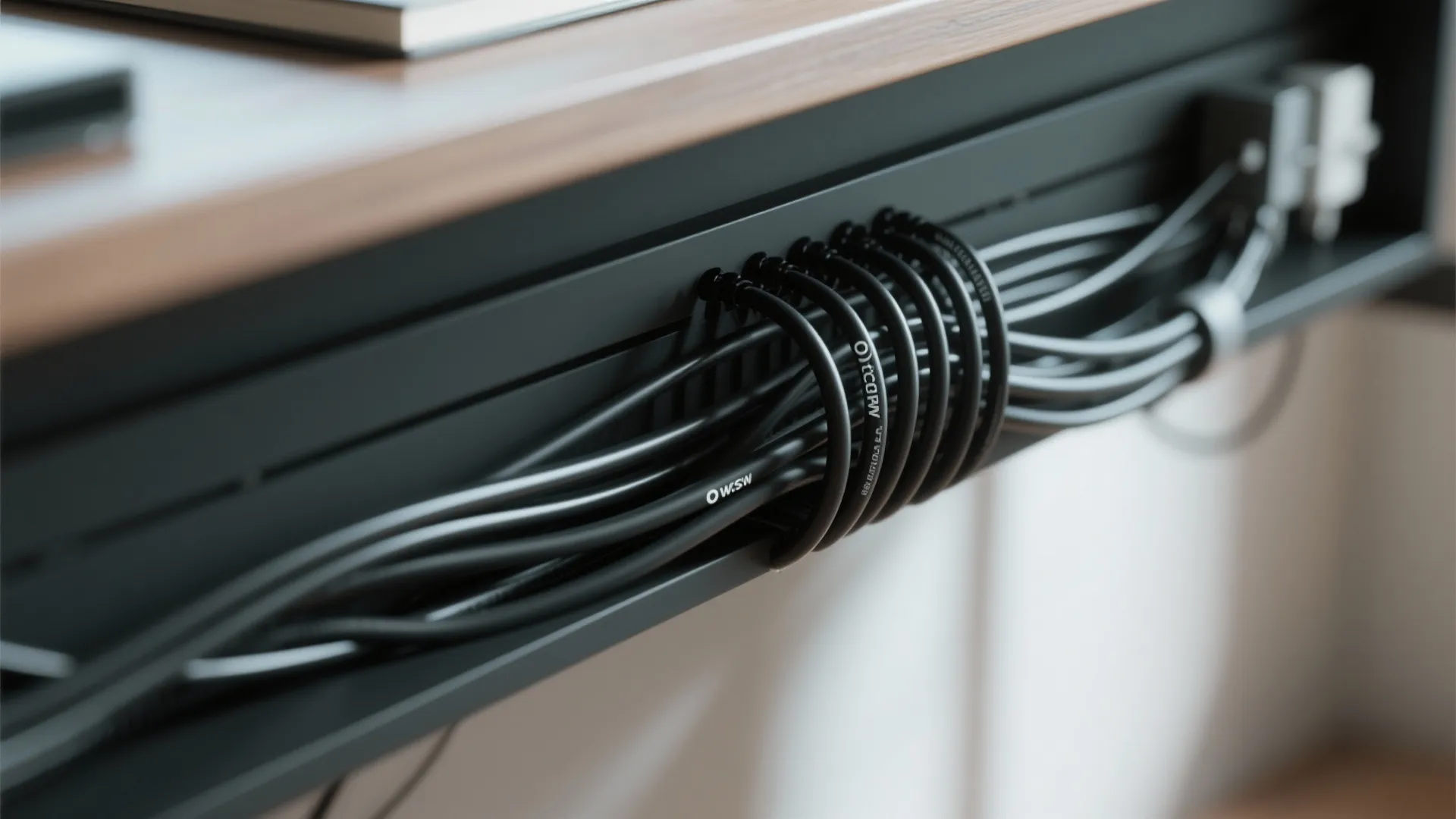 Close-up of black cables organized neatly under a wooden desk for clean workspace power management