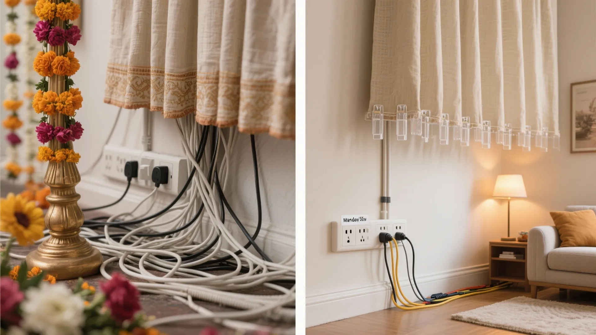 Before and after comparison of messy electrical wires versus neatly organized cables on a wall