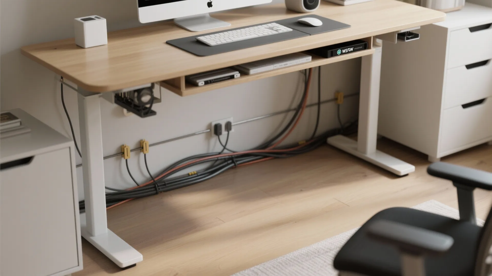 Height adjustable wooden desk showing organized black cables and wires along the white wall surface