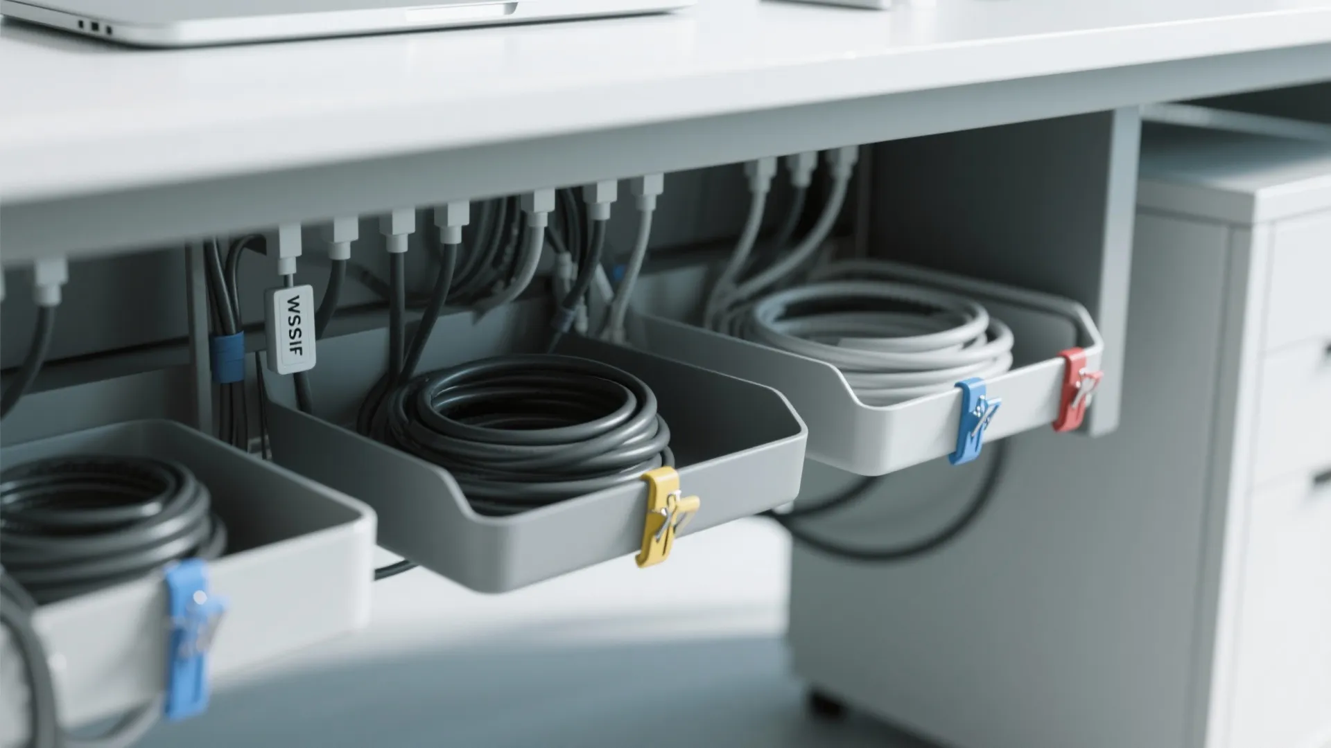 Close up of organized office desk cables in grey trays with colorful clips under white