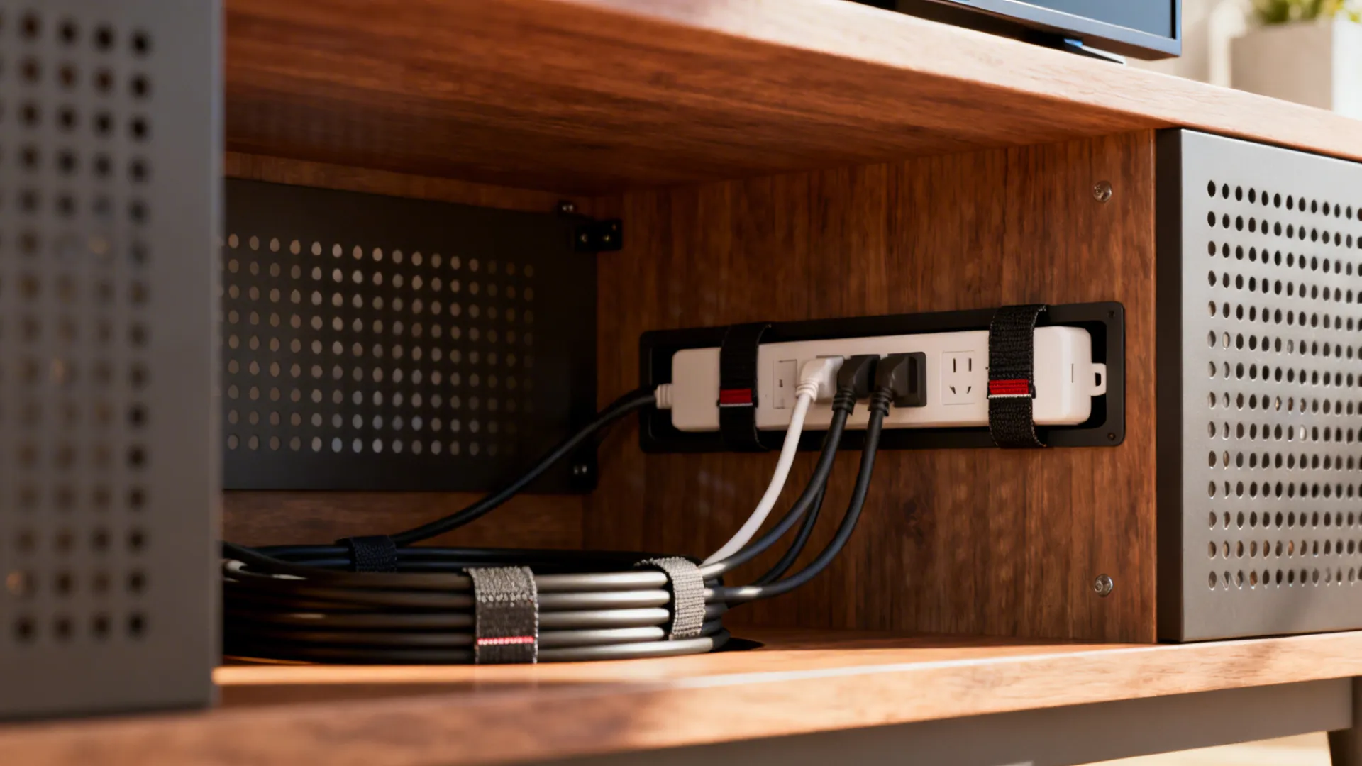 Close-up of cable pass-through, velcro straps and ventilation in a TV stand cabinet