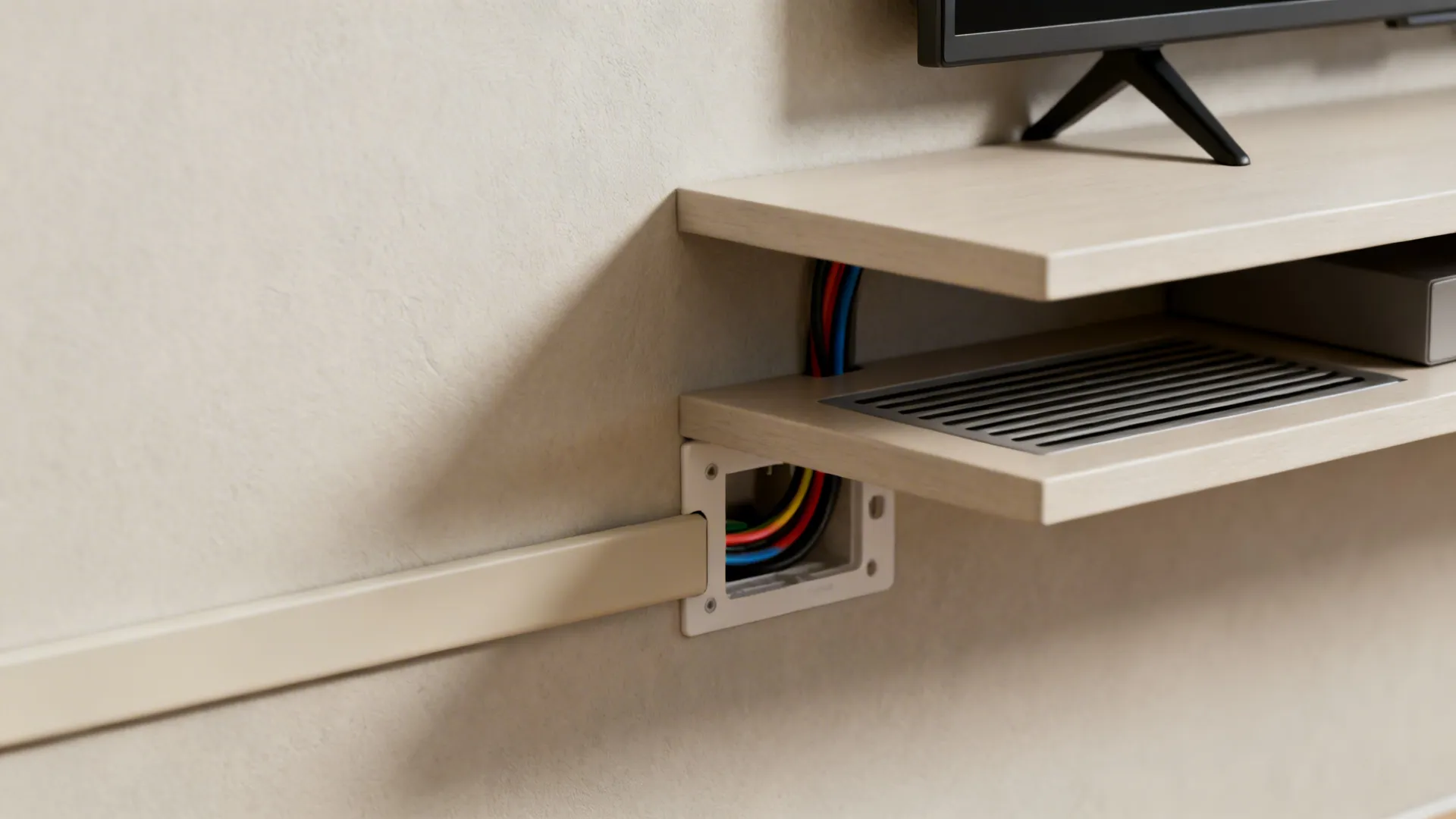 Close-up of slim cord cover and in-wall cable access behind a floating console
