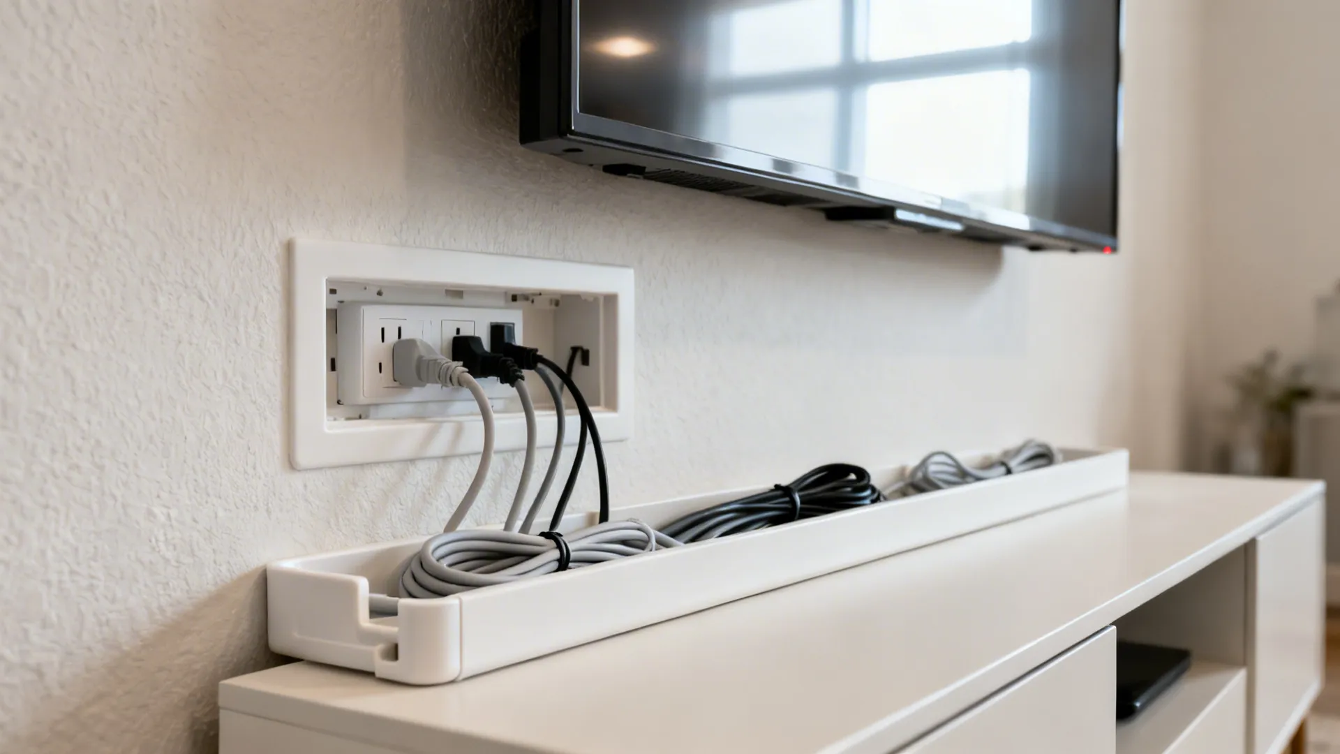 Close-up of a recessed outlet and clean cable raceway behind a wall-mounted TV.