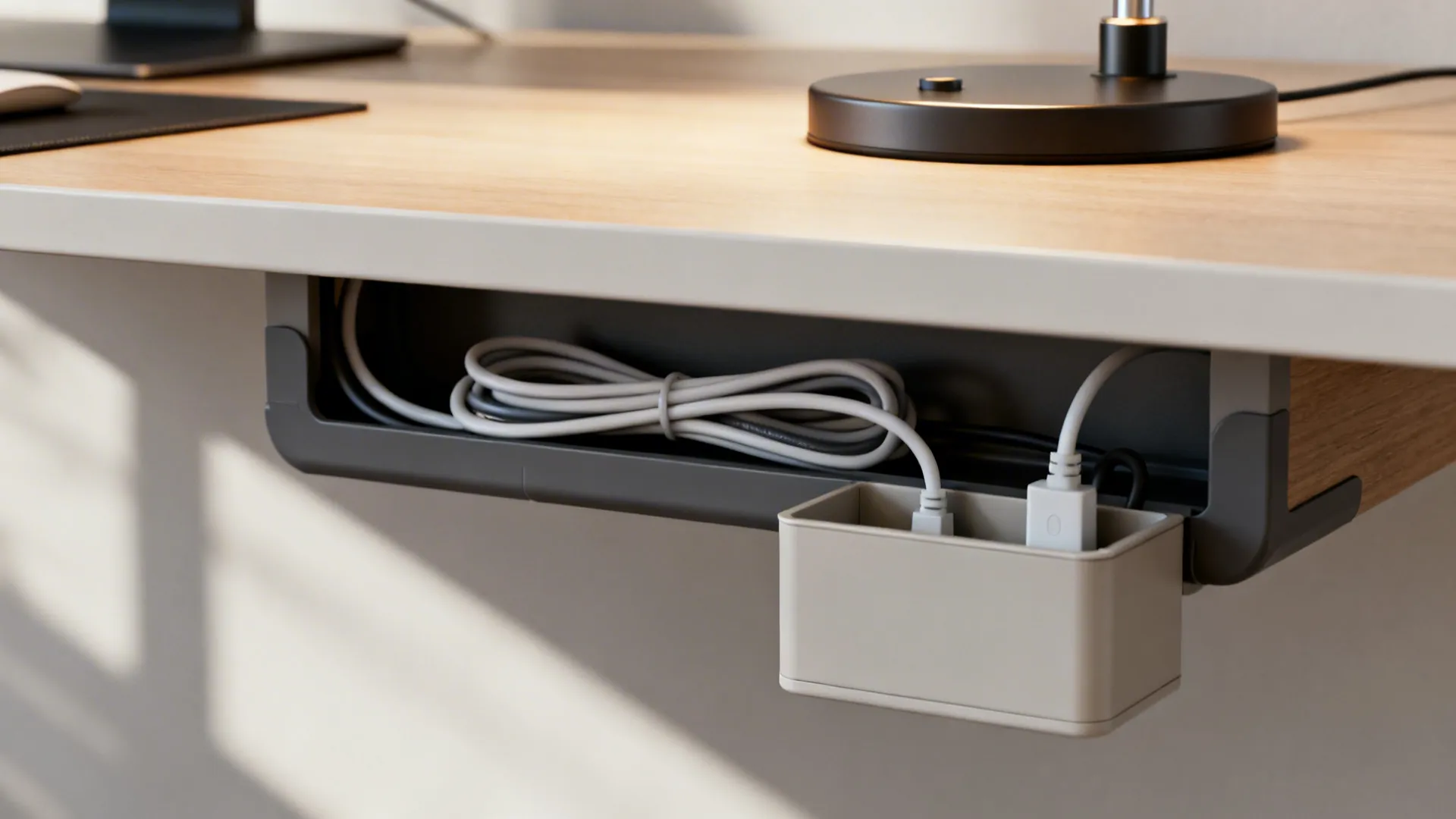 Close-up of adhesive cable channel and cord box under a floating desk