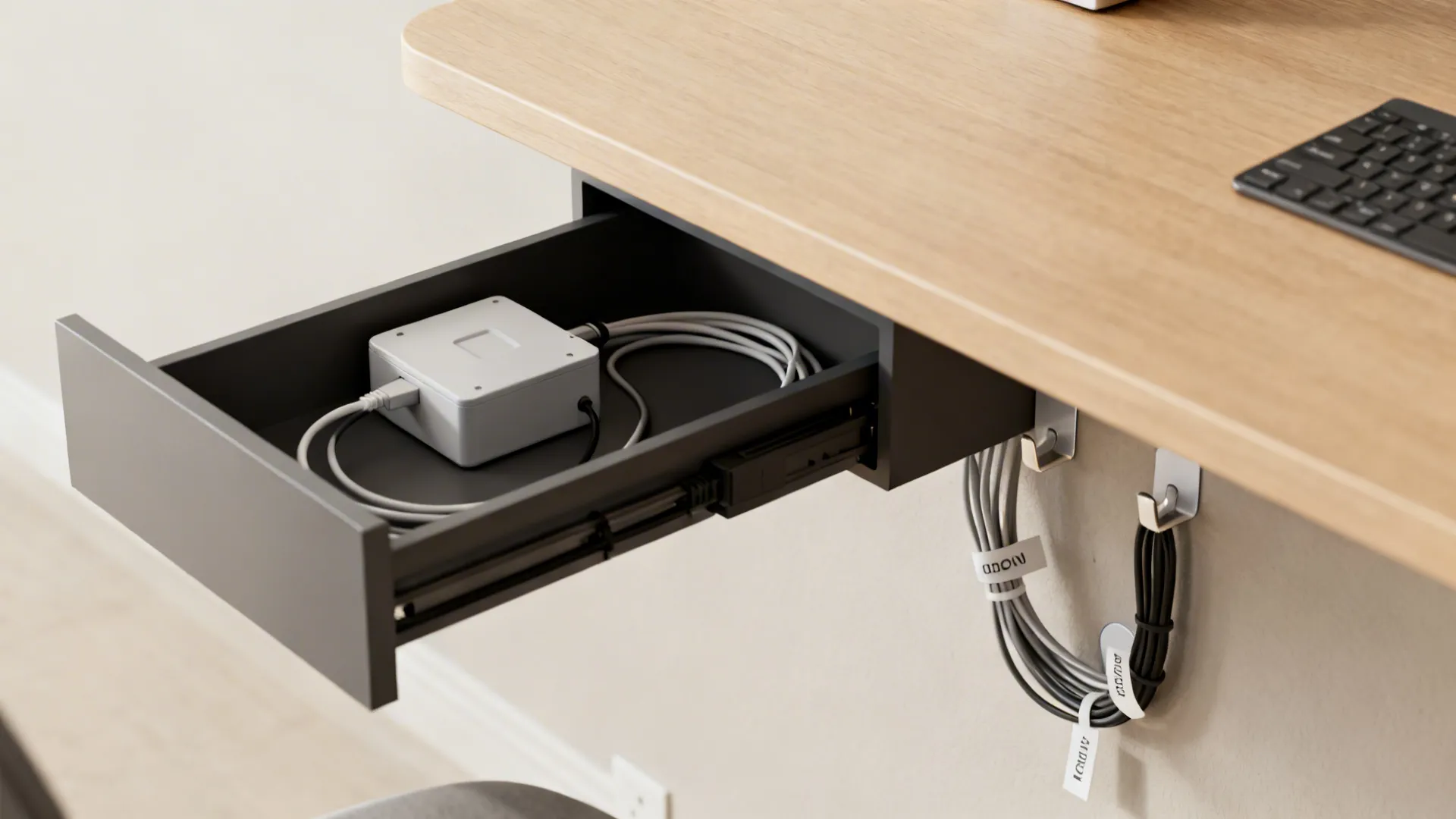 Cable channels, cable box and adhesive hooks organizing cords in a small office