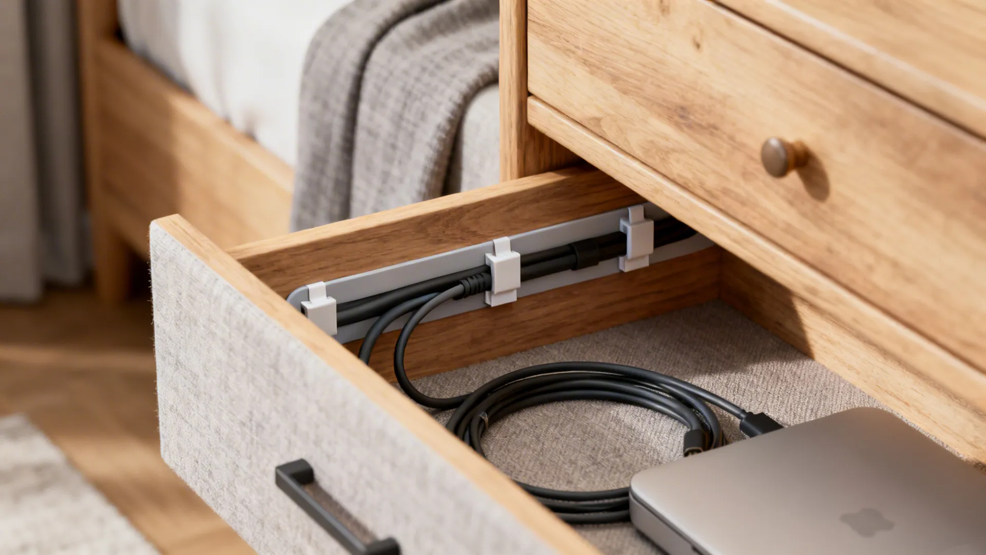 Open wooden drawer with cable clips holding black wires neatly organized near a silver laptop computer