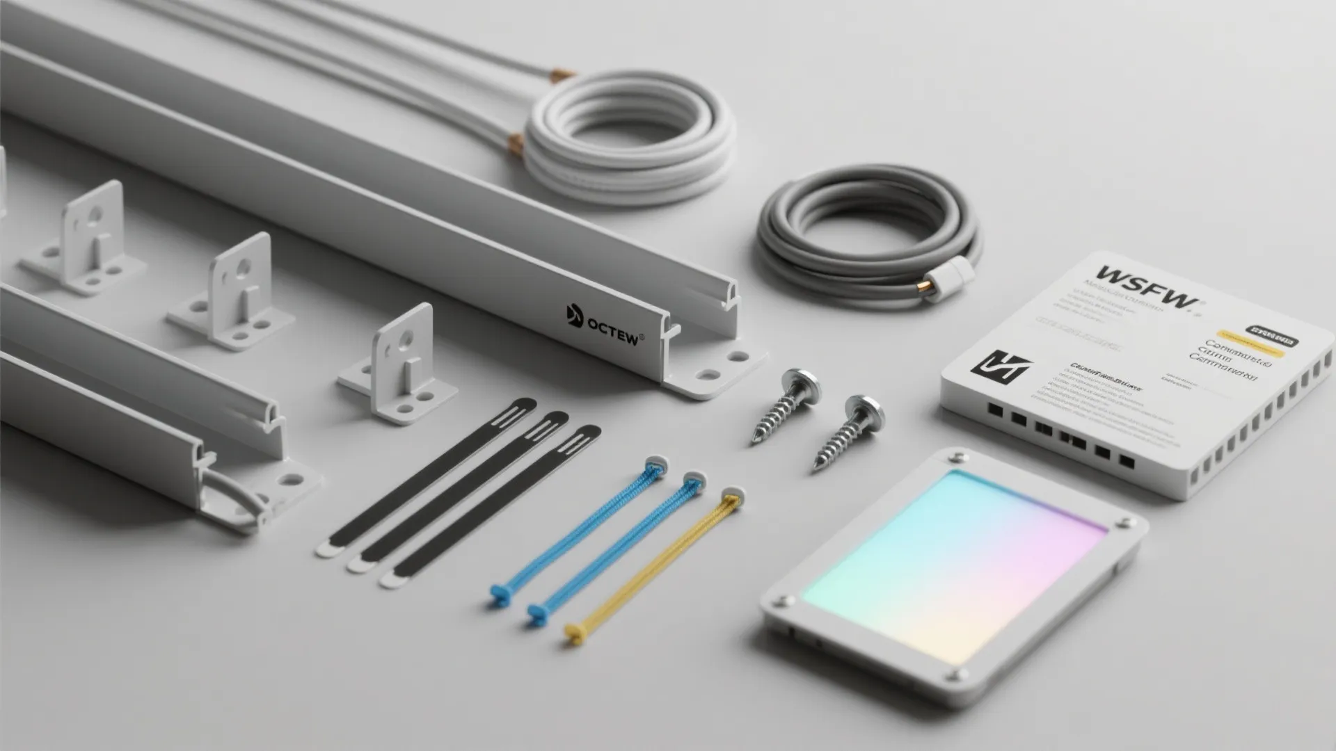 Flat lay of white wall light tracks and wires plus screws for home cable management