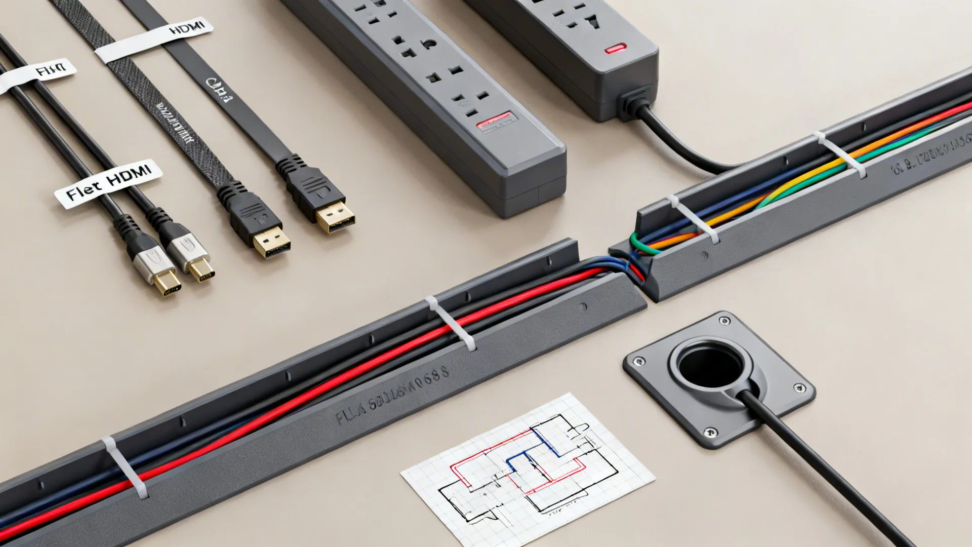 Flatlay of cable management tools: cable ties, flat HDMI cable, cord channel, surge protector, and a simple floor plan