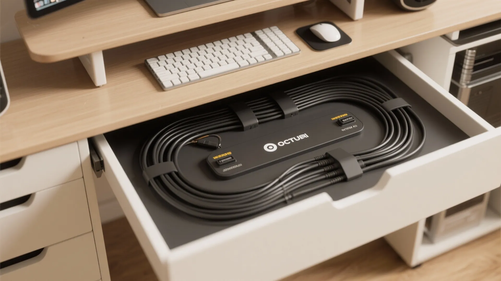 Open white drawer showing neatly organized black power cables with clips under a wooden desk