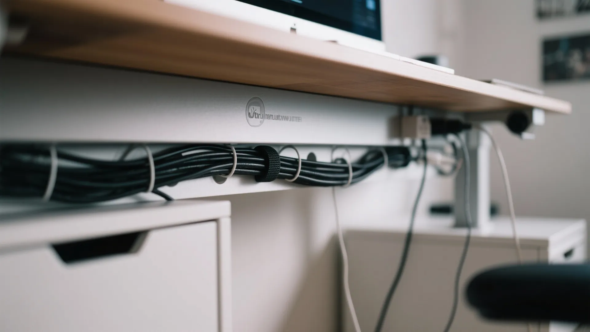 Close up view of black computer cables organized neatly under a wooden office desk surface