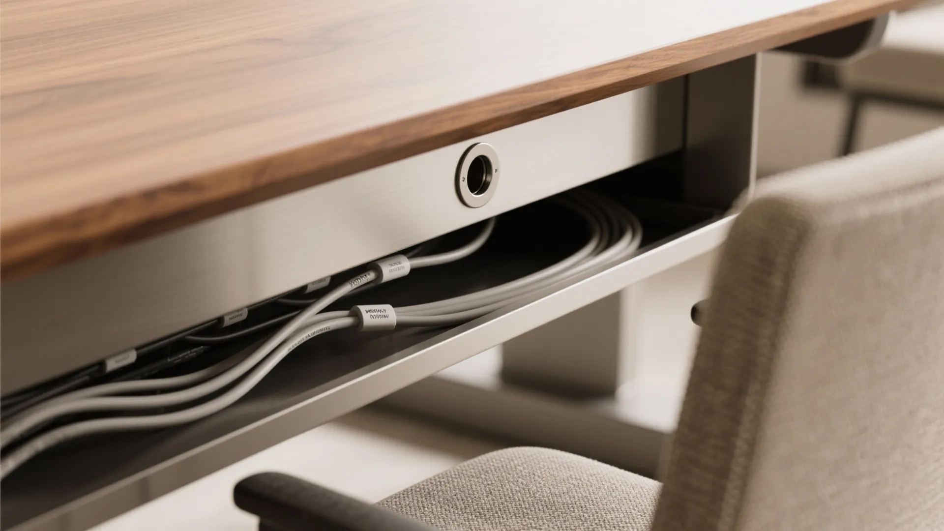 Macro of table grommet with labeled cables and under-table tray with oak edging.