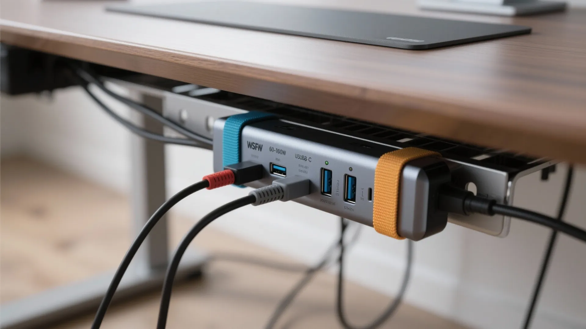 Cable management under a wooden desk using a dock secured by blue and orange straps