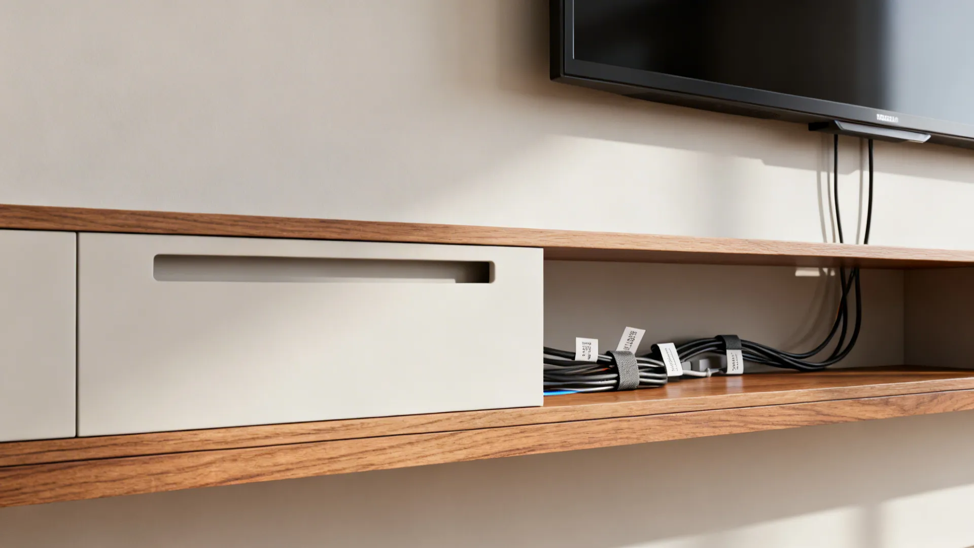 Macro view of recessed cable management behind a wall-mounted TV with matte finish.