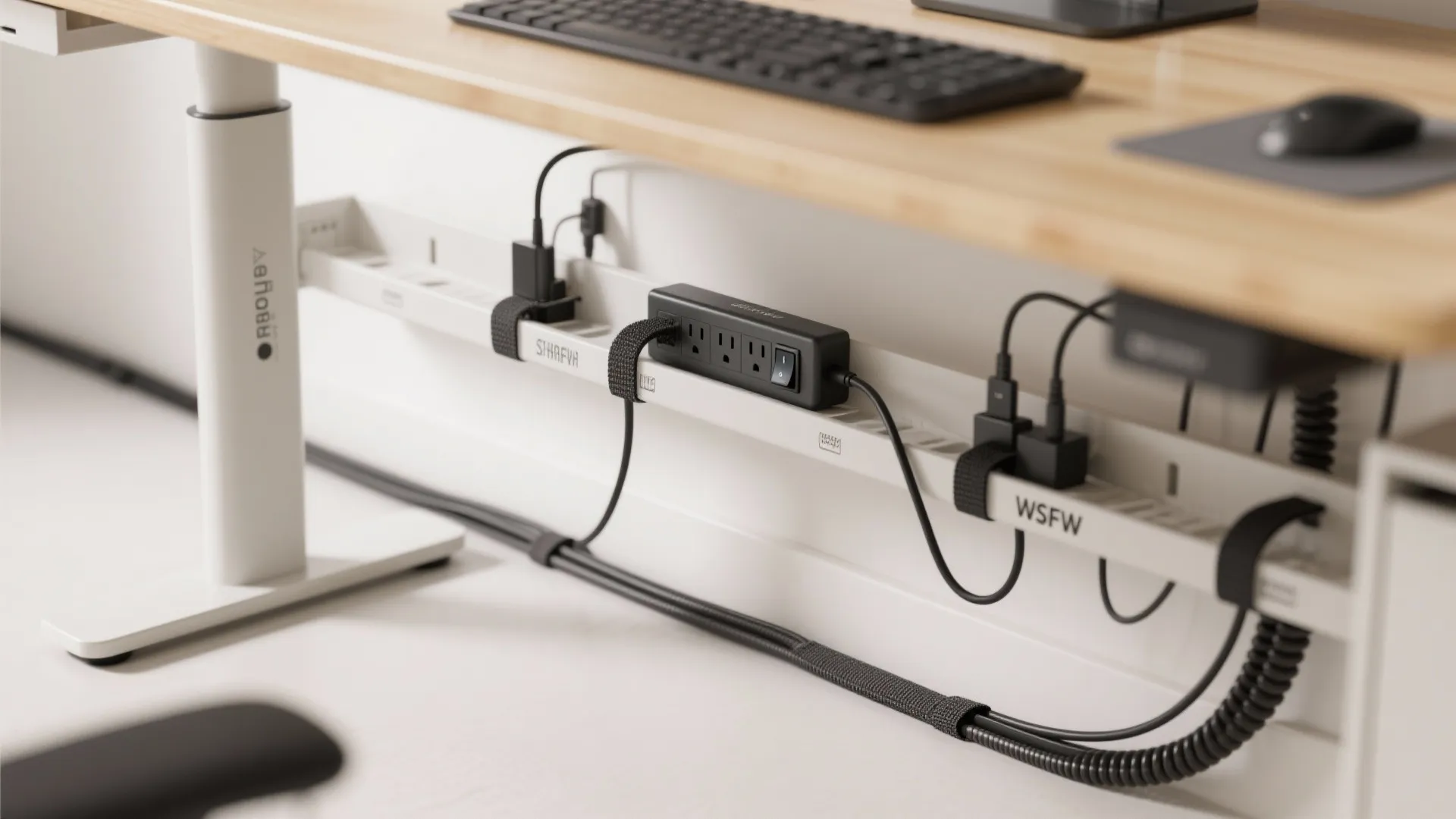 5) Cable discipline + power strategy: one-strip rule and under-desk tray