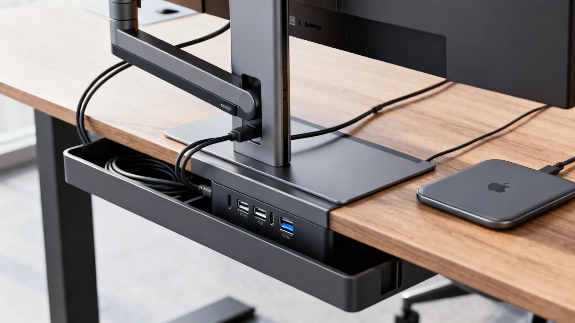 In-desk power module, cable tray and monitor arm demonstrating tidy tech integration on a small desk.