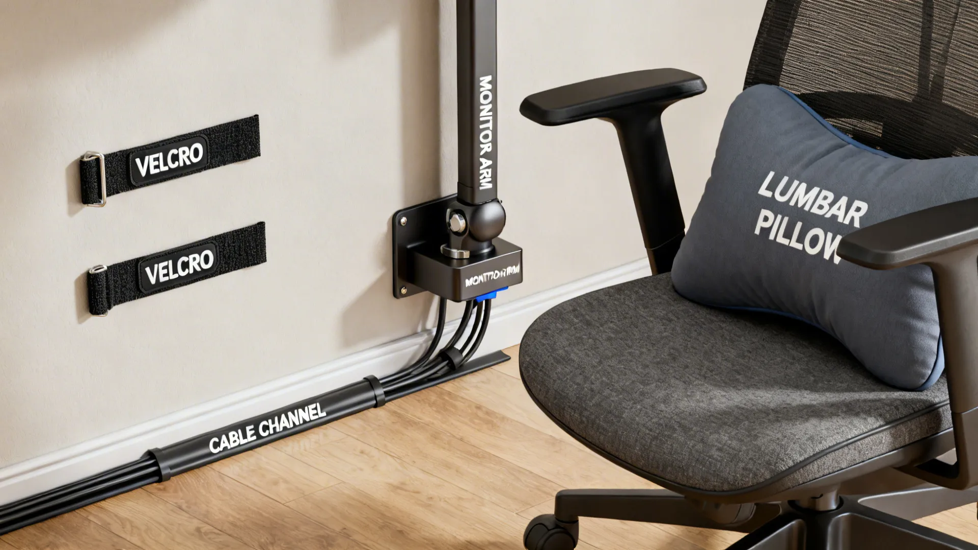 Labeled Velcro ties and cable channel keeping cables organized along a baseboard.