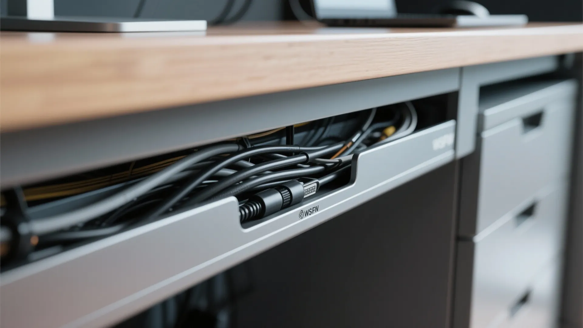 Close up of a grey metal desk tray holding organized black power cables and computer wires