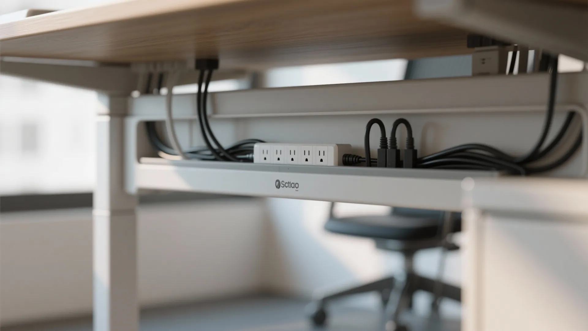 Under desk view showing a white tray holding power strips and neatly organized black cables