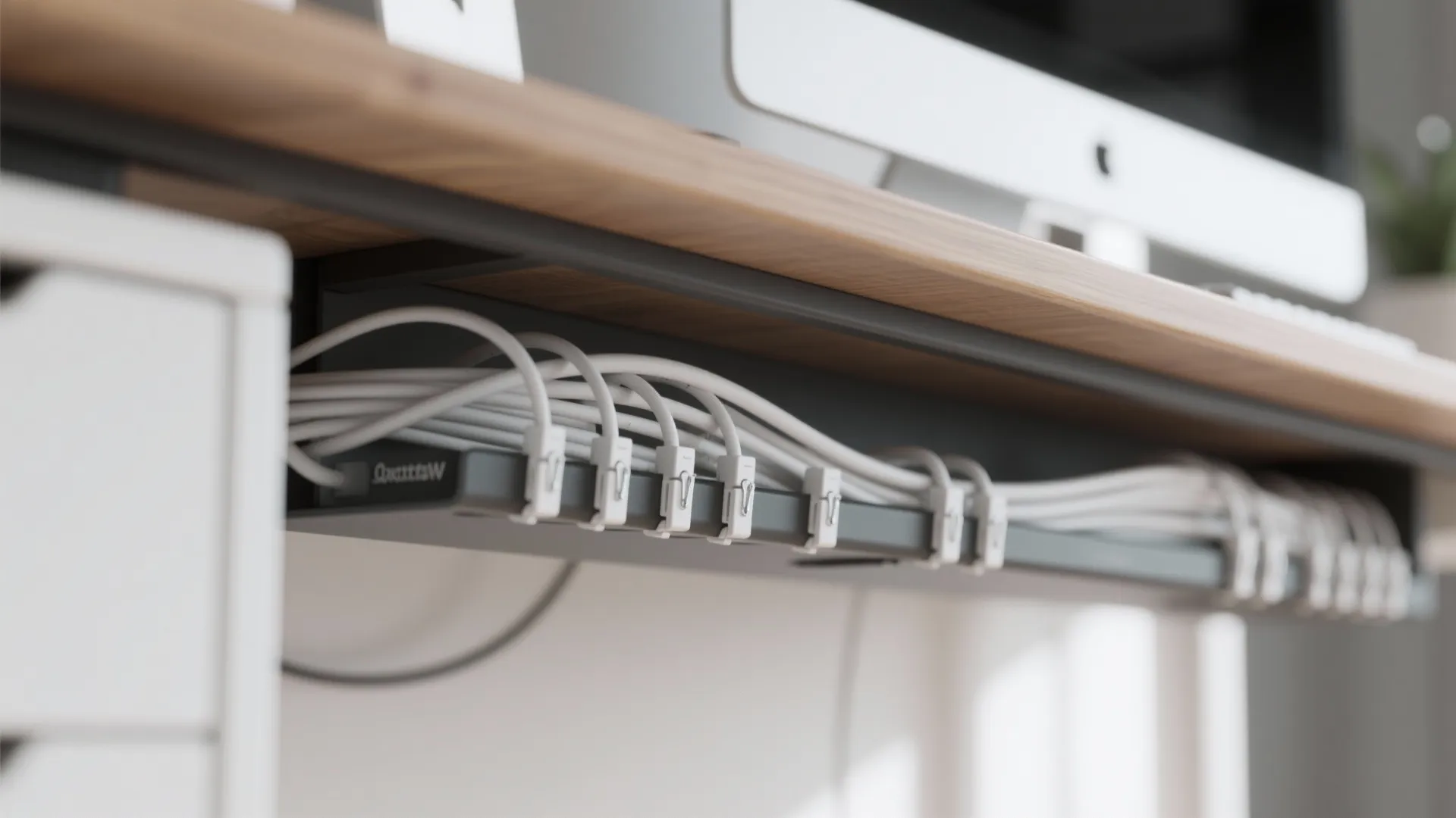 Close up of grey cable management tray under a wooden desk with white organized wires