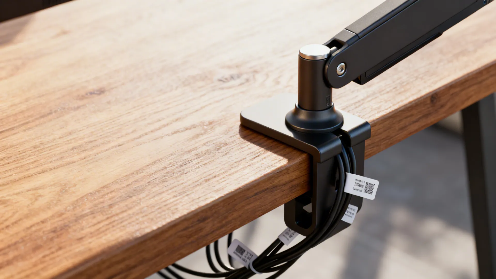 Close up of a black monitor arm clamped to a wooden desk with organized cables