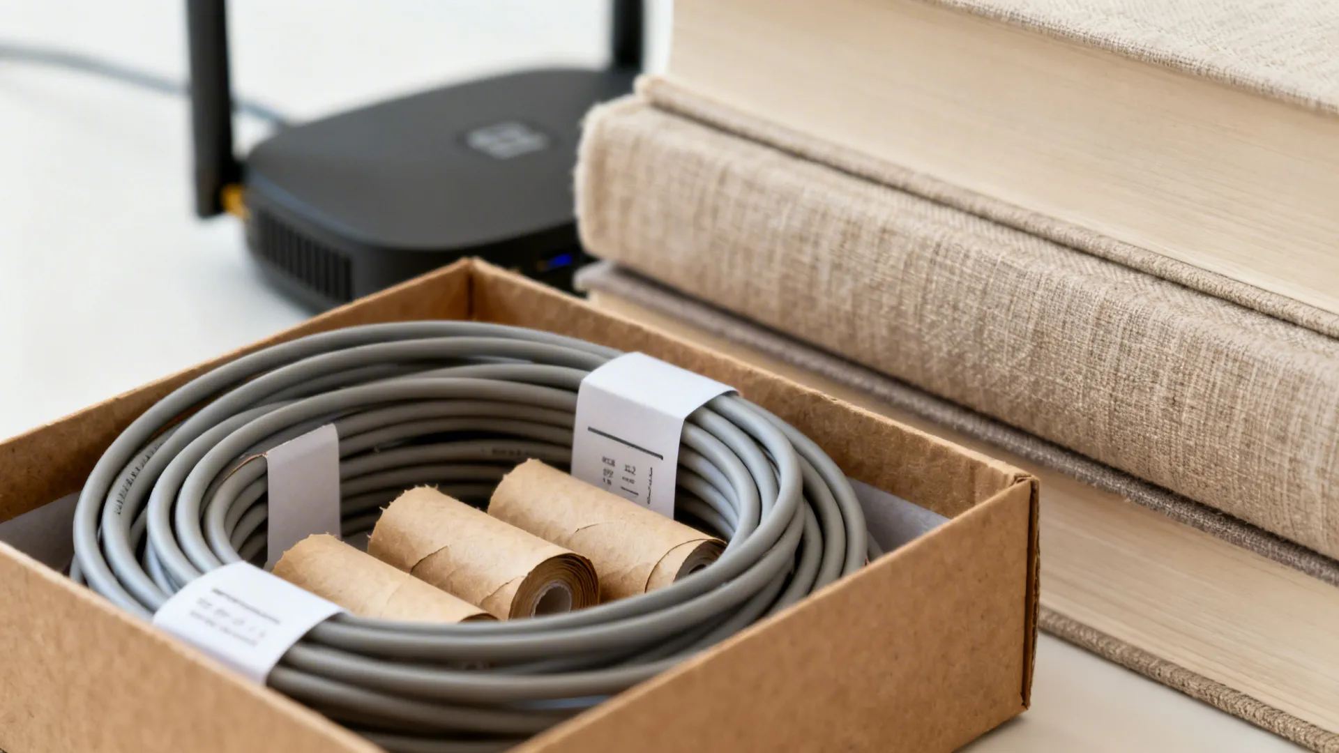 Close-up of neatly coiled cables in paper rolls and a router hidden behind books.
