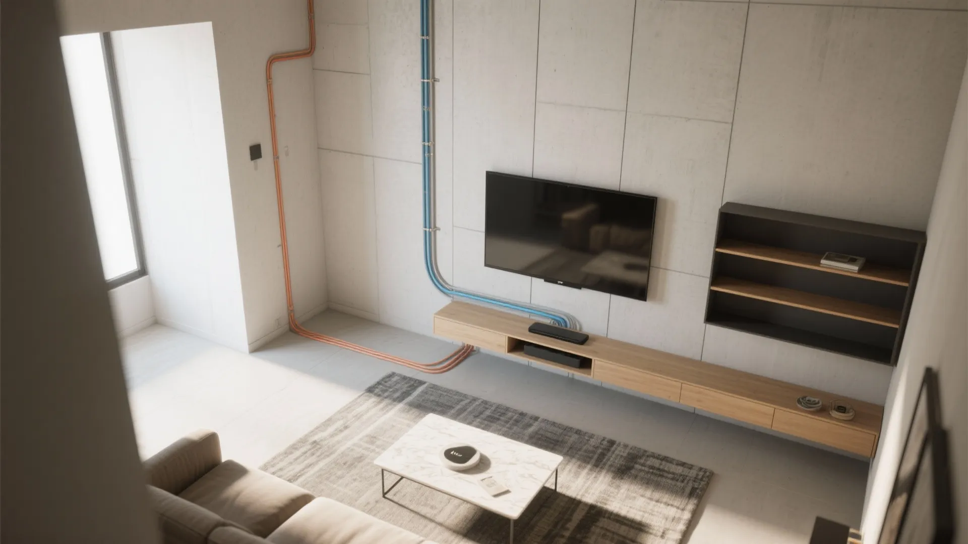 Top view interior design drawing showing colored wire paths in a modern living room layout
