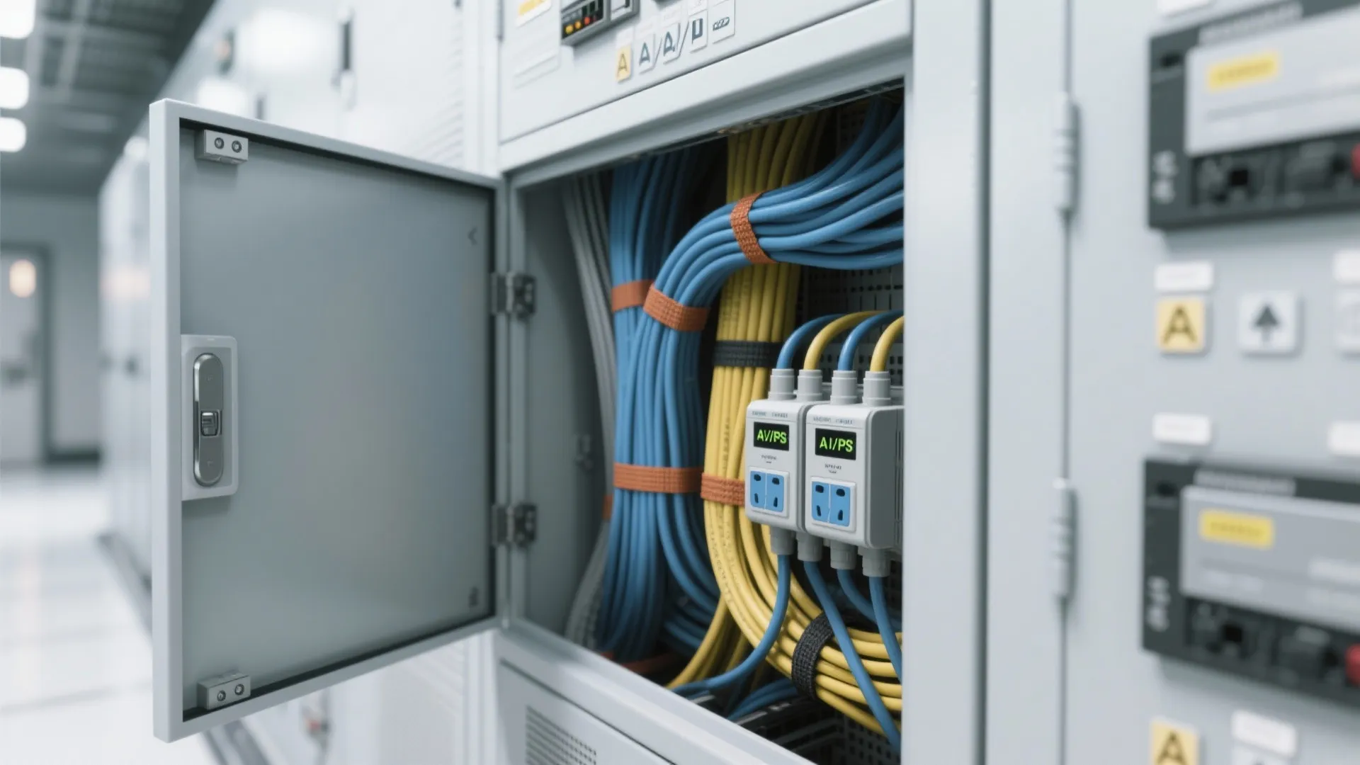 Open electrical cabinet with neat blue and yellow power cables connected to white power outlets