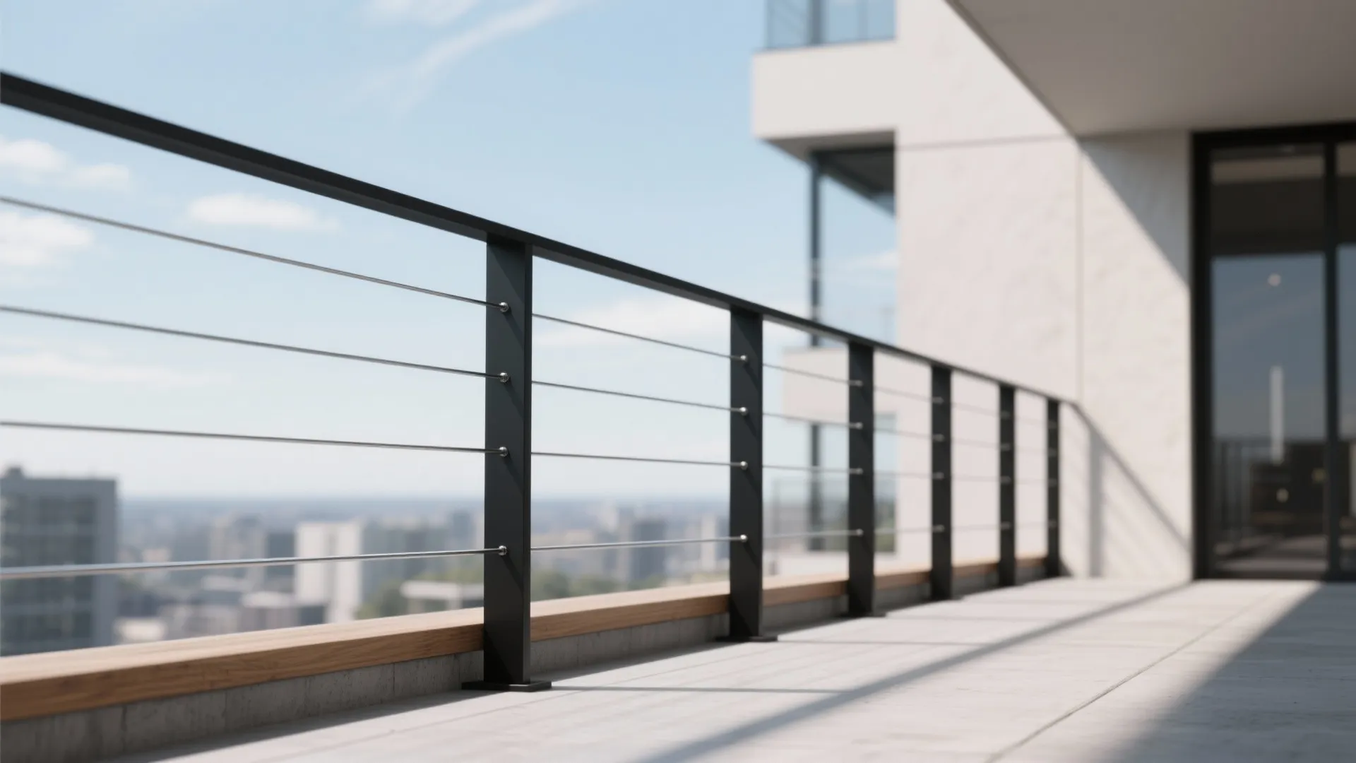 Modern balcony with black horizontal cable railing wooden base city view and bright natural sunlight