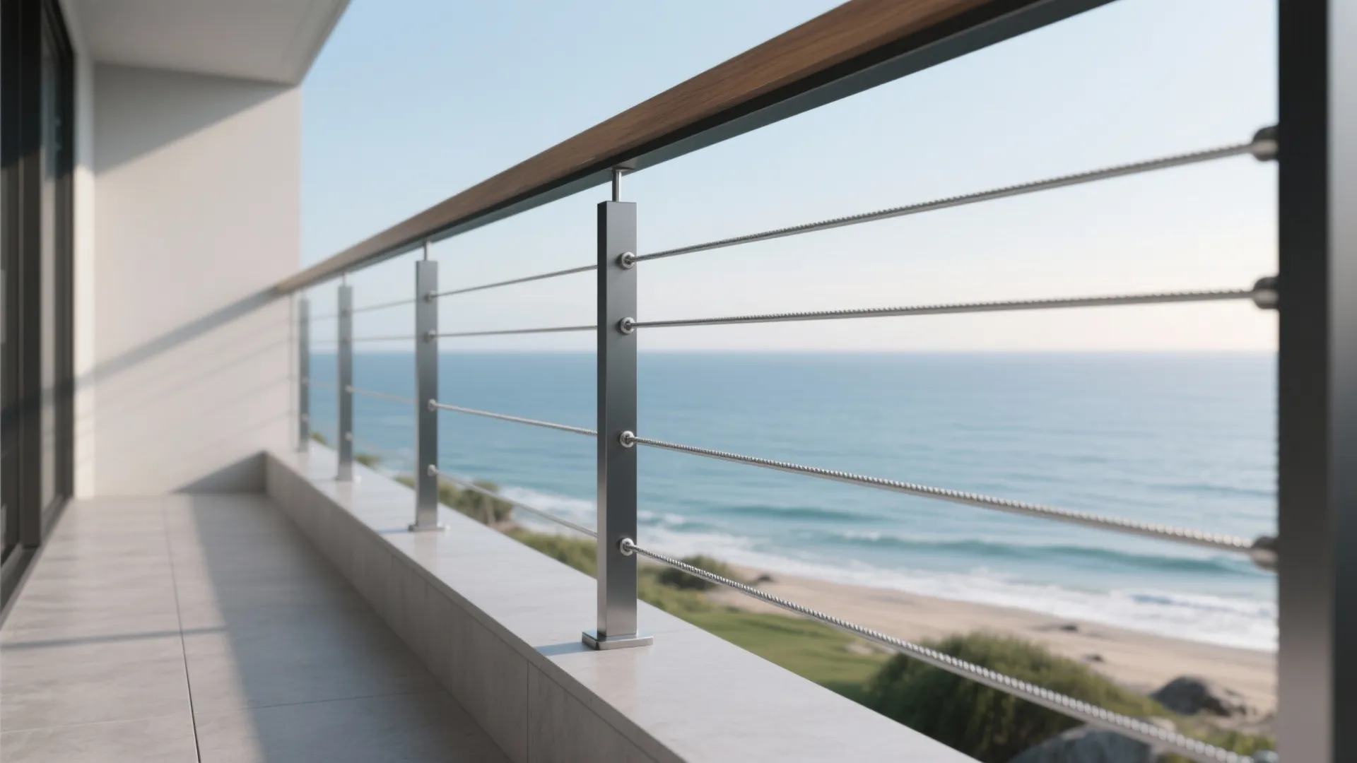 Modern balcony cable railing with wood handrail overlooking the blue ocean and a sandy beach