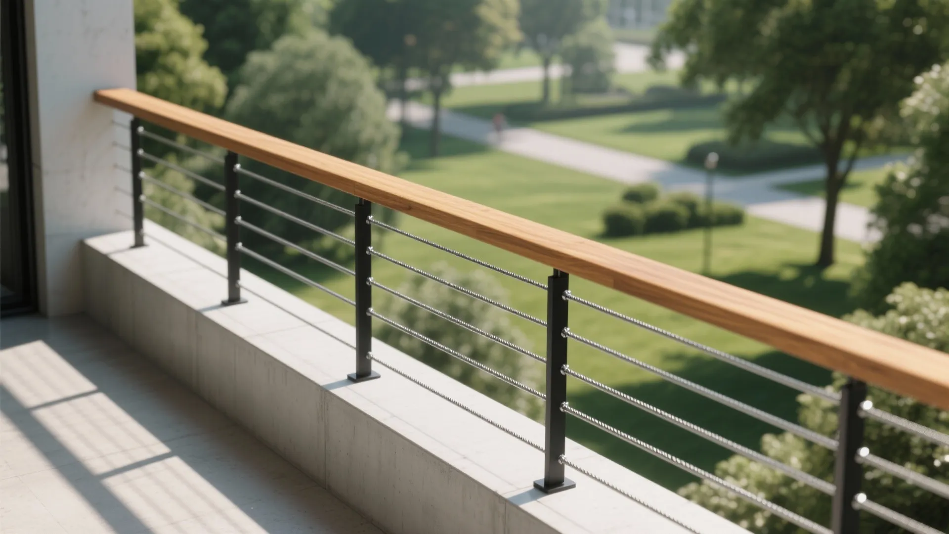 Stainless steel cable balcony railing with a slim wood cap and park view, maintaining open sightlines.
