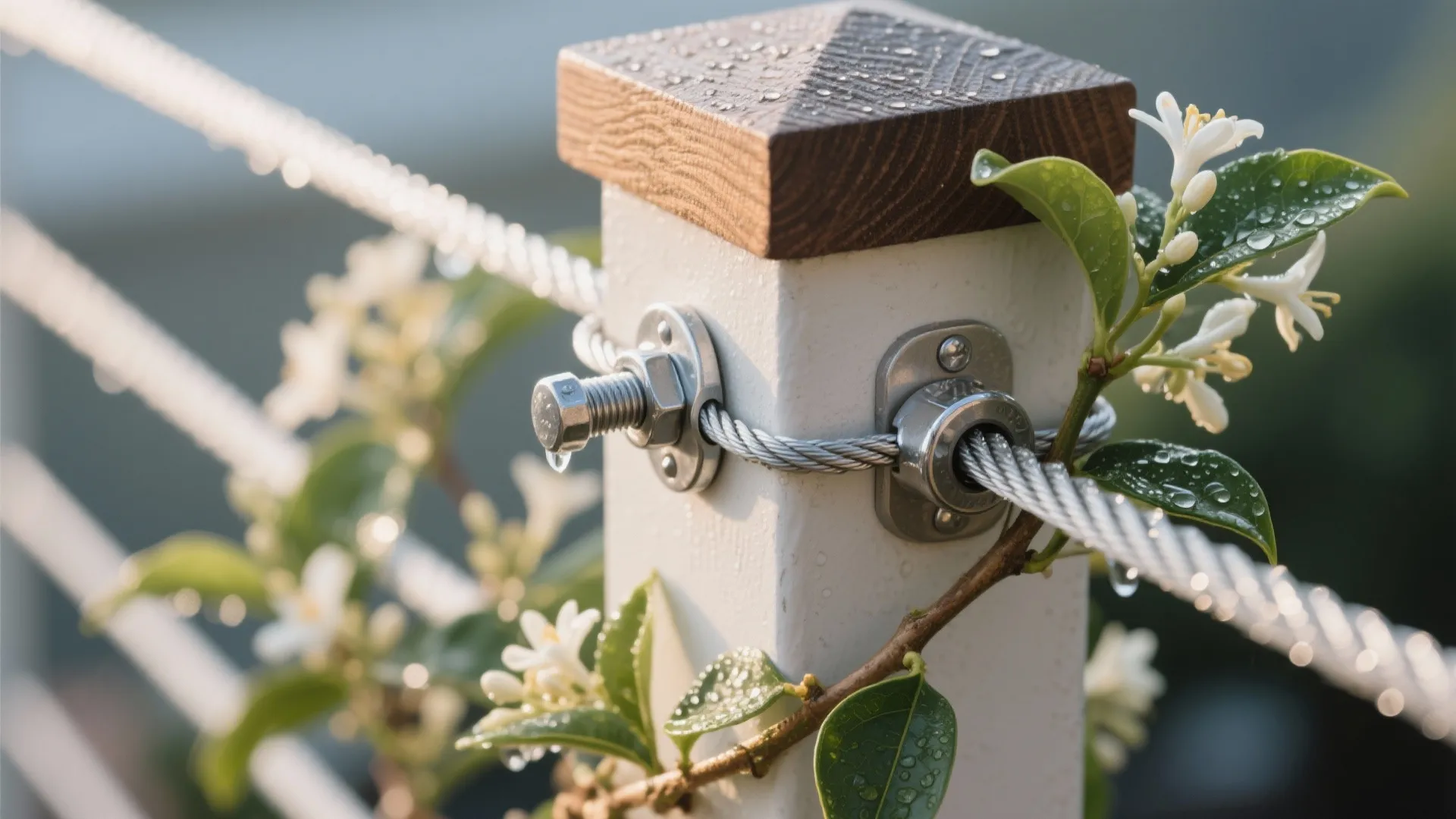 Close up of white deck post with metal cable railing and green plants with white flowers