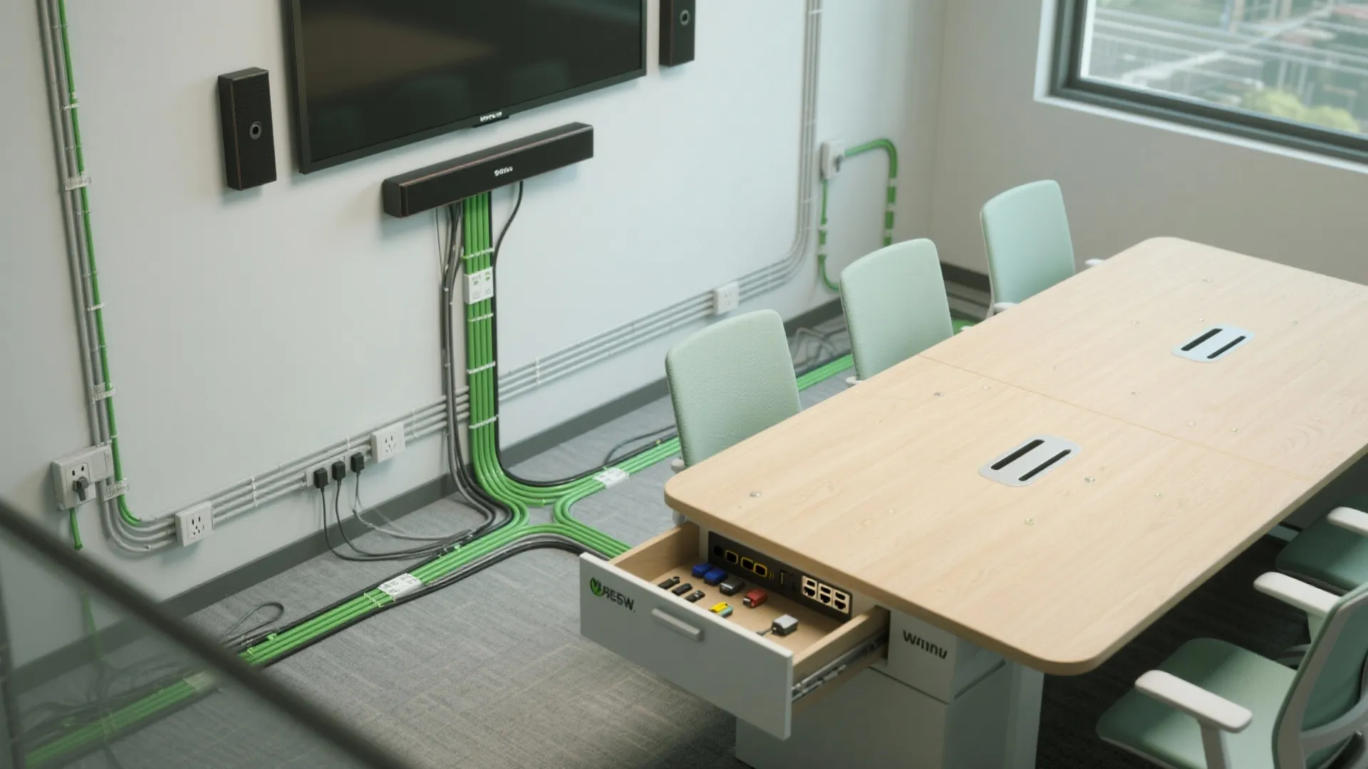 Top-down map of cable routing with raceways, grommets, under-desk tray, and tabletop hub.
