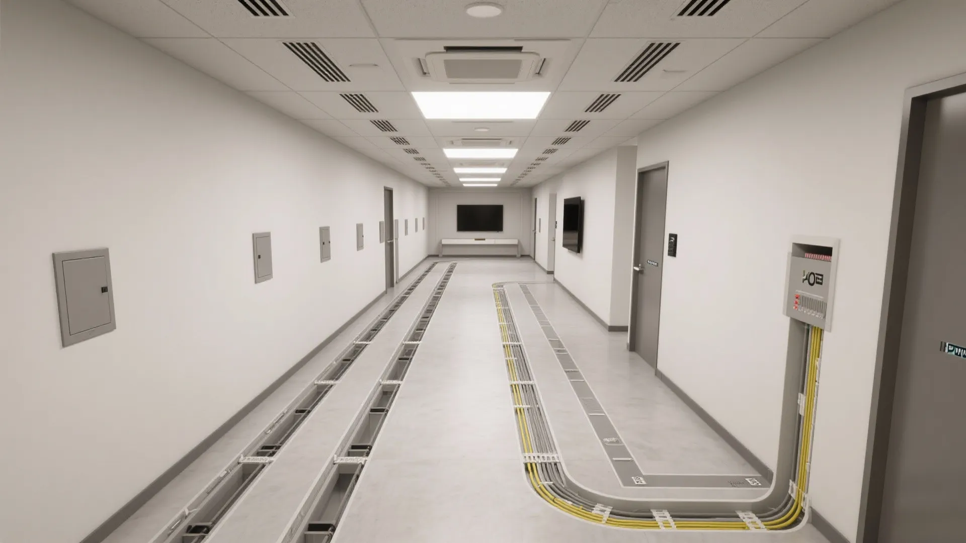 Top-down view of POP cable chase routes and aligned access panels in a small hall.