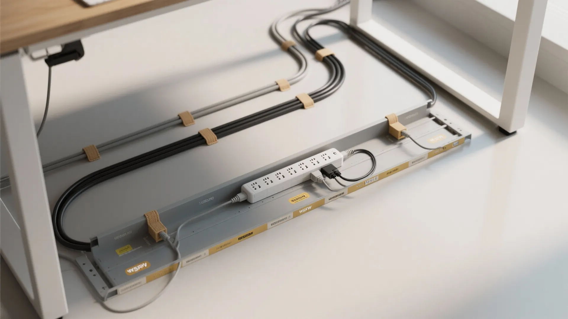 5) Cable discipline + power strategy: one-strip rule and under-desk tray