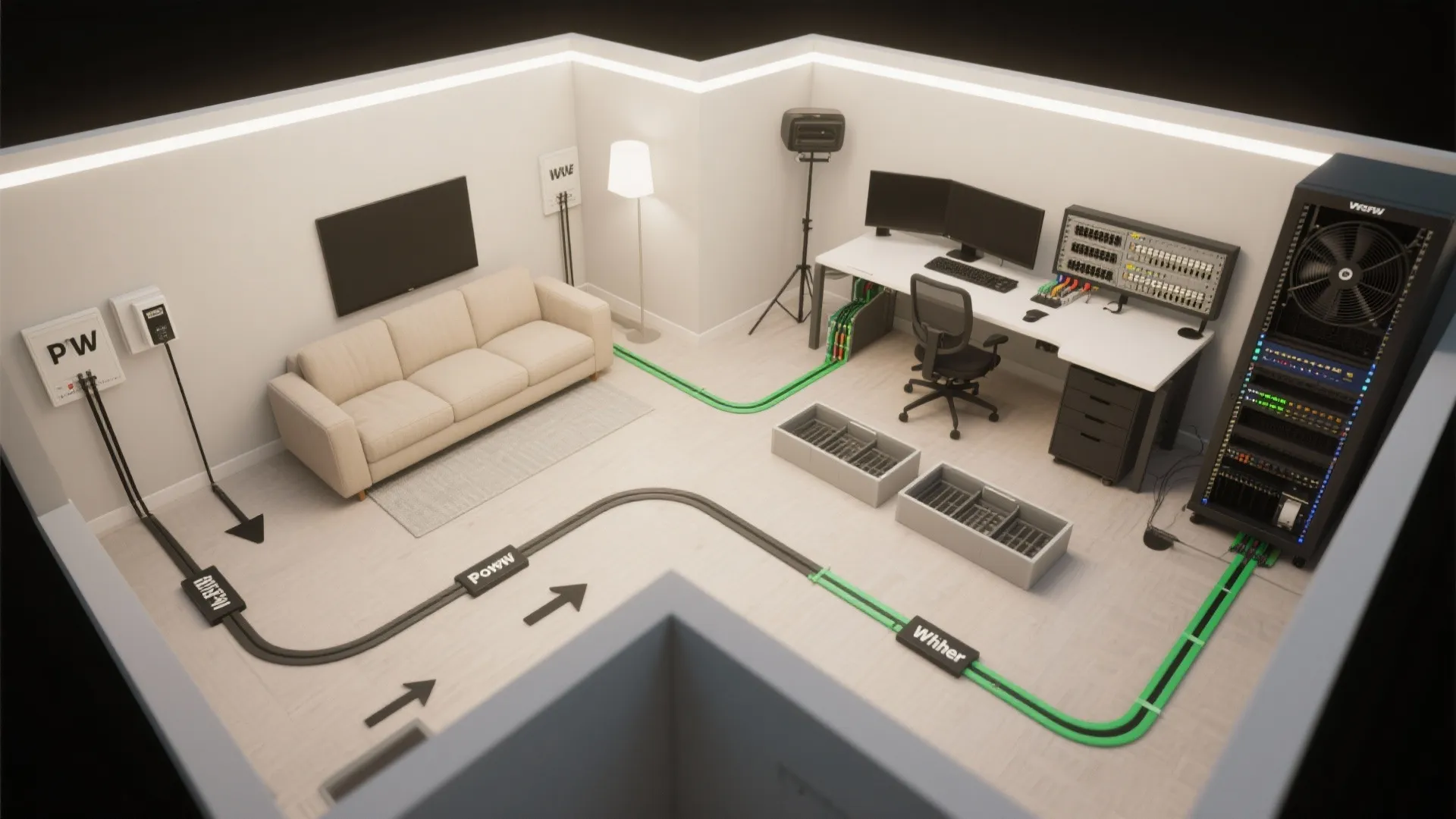 Interior design drawing showing a home office room layout with cable routing paths and server